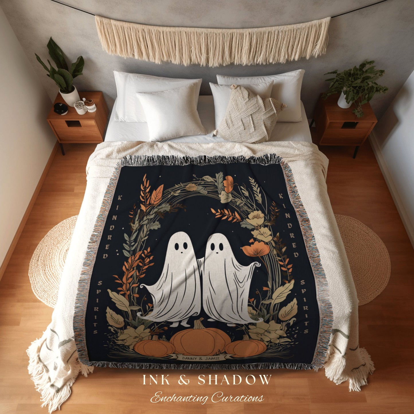 Kindred Spirts Personalized Ghost Blanket Goth Tapestry | Spooky Ghost Decor Halloween Blanket Woven Throw | Woven Blanket Ghosts Couple