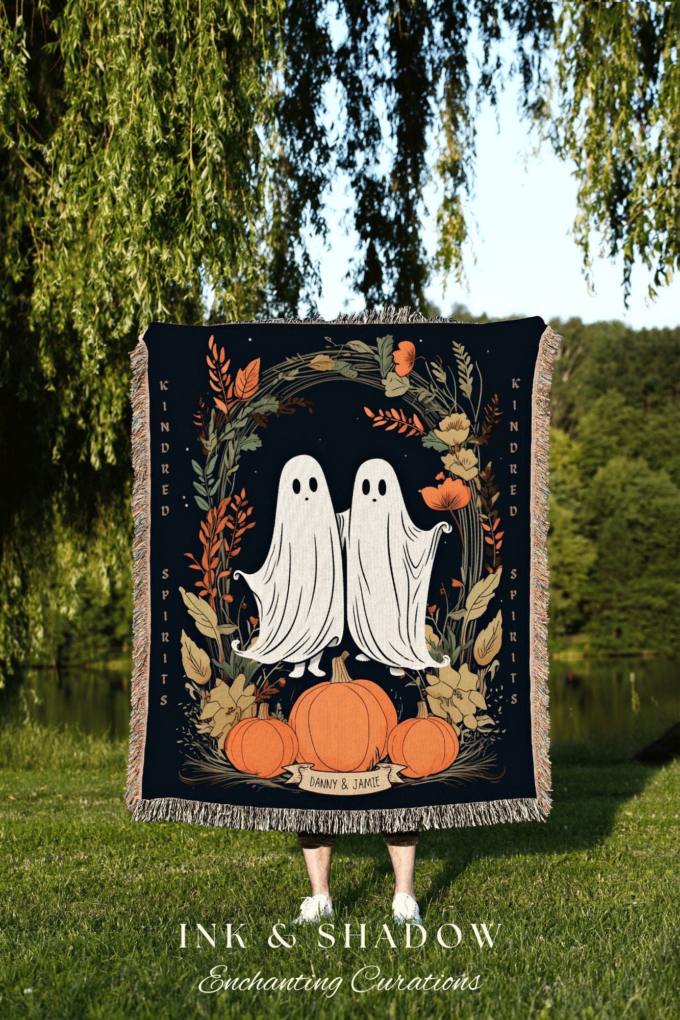 Kindred Spirts Personalized Ghost Blanket Goth Tapestry | Spooky Ghost Decor Halloween Blanket Woven Throw | Woven Blanket Ghosts Couple