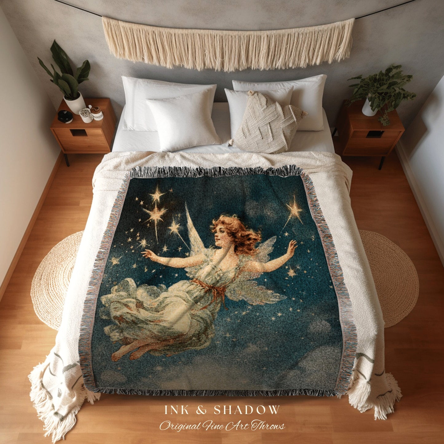 Vintage Fairy Tapestry Halloween Decor Blanket Woven Throw | Retro Halloween Decor Fairycore Art Midcentury Halloween Art Celestial Bedroom