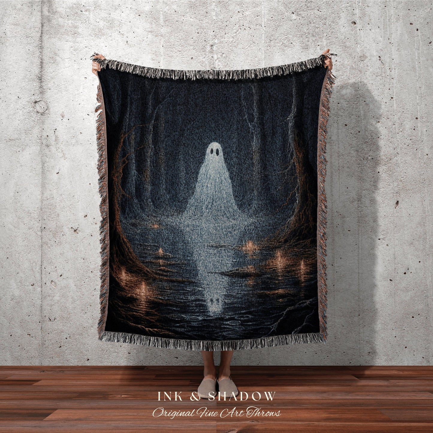Moonlit Forest Ghost Reflection Woodland Gothic Tapestry Woven | Whimsigoth Moody Landscape Blanket Dark Cottagecore Forest Ghost Painting |