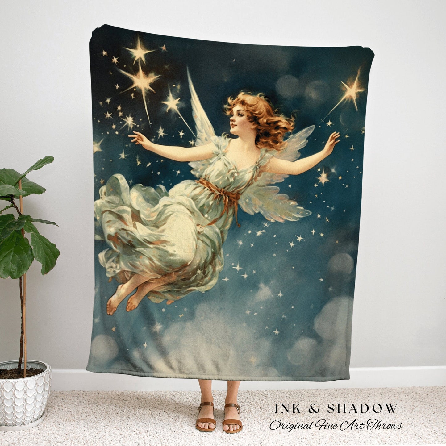 Vintage Fairy Tapestry Halloween Decor Blanket Woven Throw | Retro Halloween Decor Fairycore Art Midcentury Halloween Art Celestial Bedroom