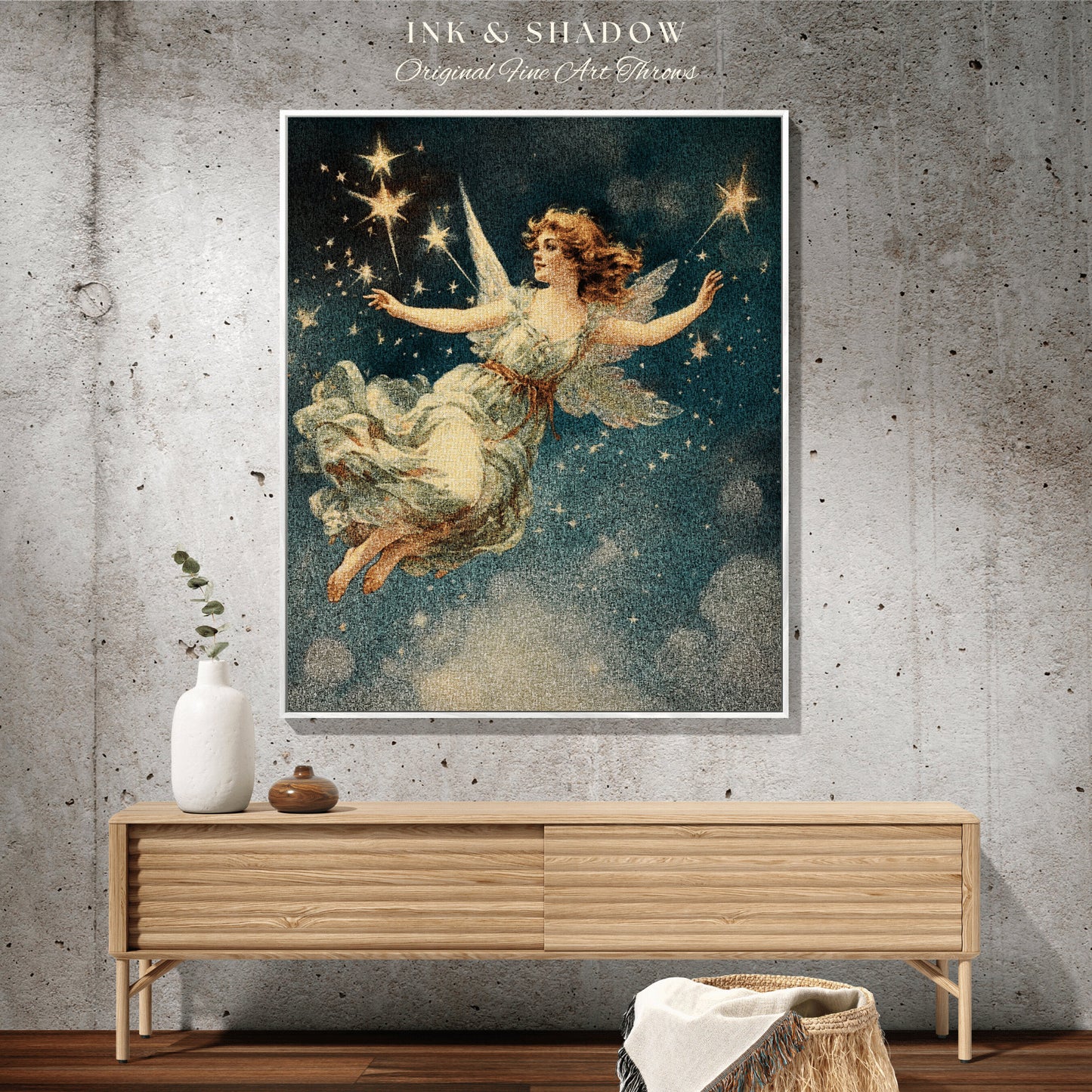 Vintage Fairy Tapestry Halloween Decor Blanket Woven Throw | Retro Halloween Decor Fairycore Art Midcentury Halloween Art Celestial Bedroom