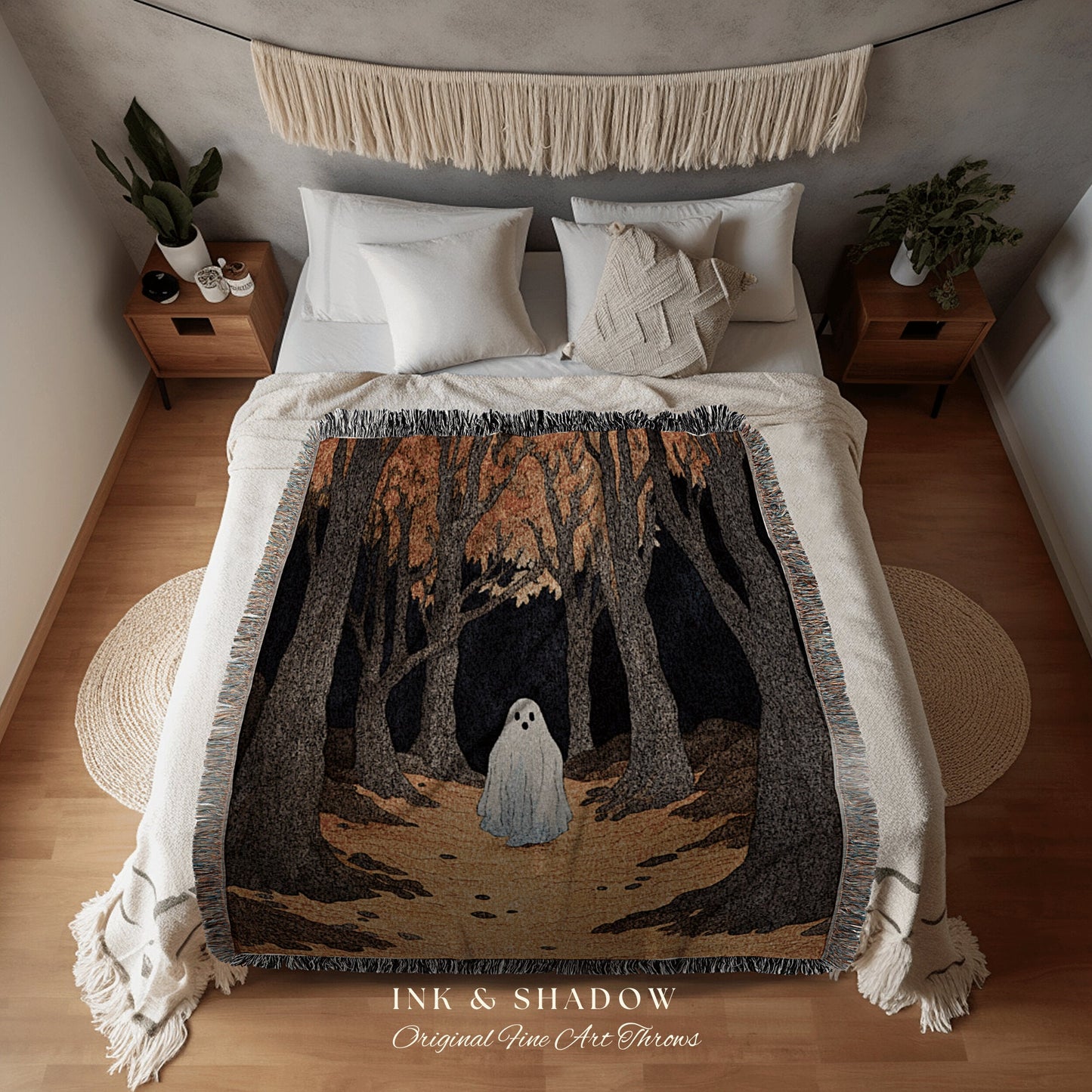 Fall Aesthetic Ghost Cute Halloween Tapestry Blanket Woven | Spooky Cute Decor Vintage Halloween Art Tapestry Dark Cottagecore Decor Gothic