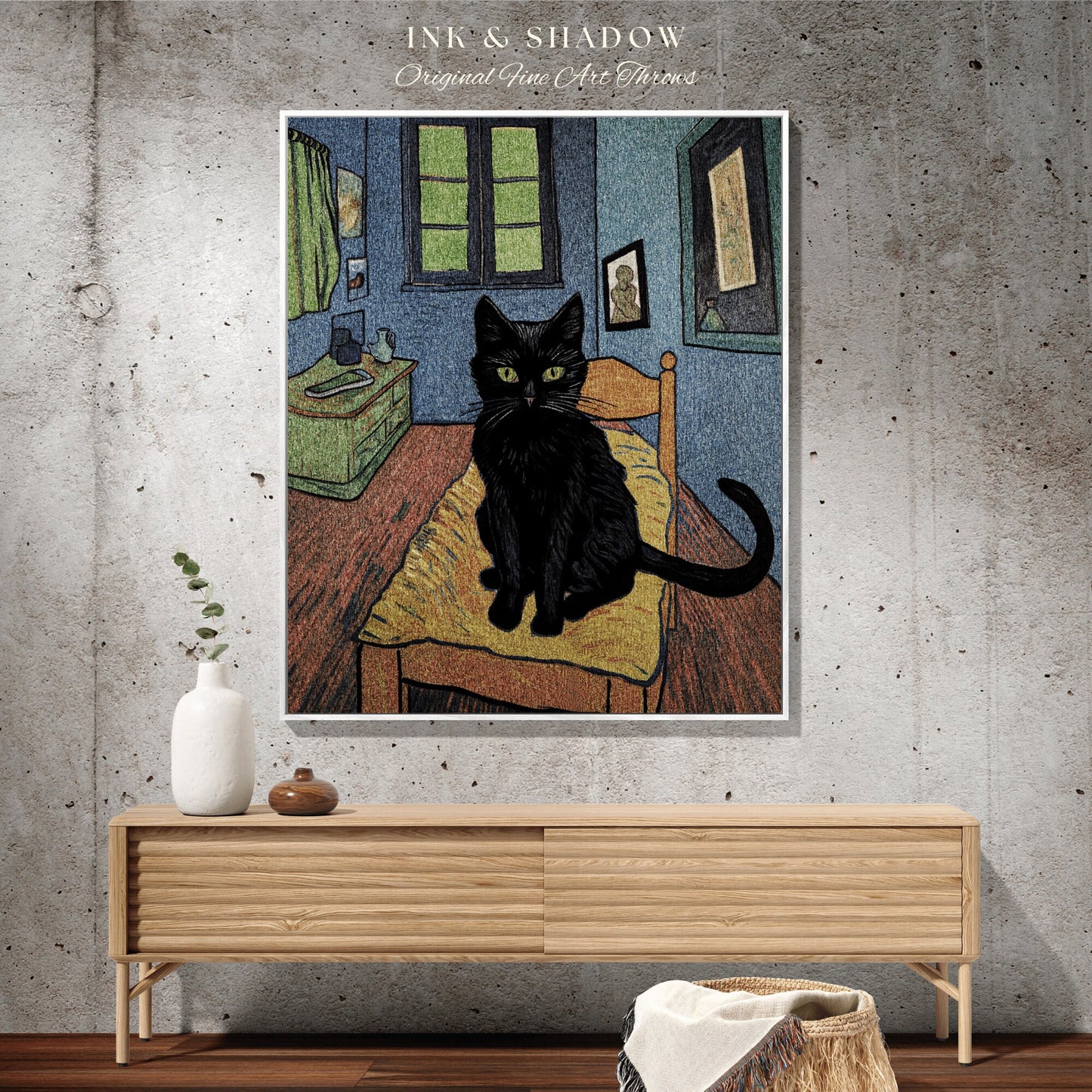 Bedroom Tapestry Blanket Black Cat Painting | Boho Room Decor Van Gogh Inspired Art Blanket | Funny Tapestry Black Cat Decor Whimsical Art |