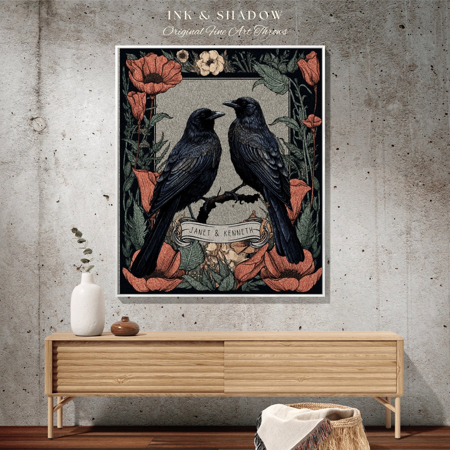 Gothic Crow Blanket Custom Couples Tapestry Personalized Gift | Goth Gift Personalized Blanket Woven | Gift for Goth Couples Raven Blanket