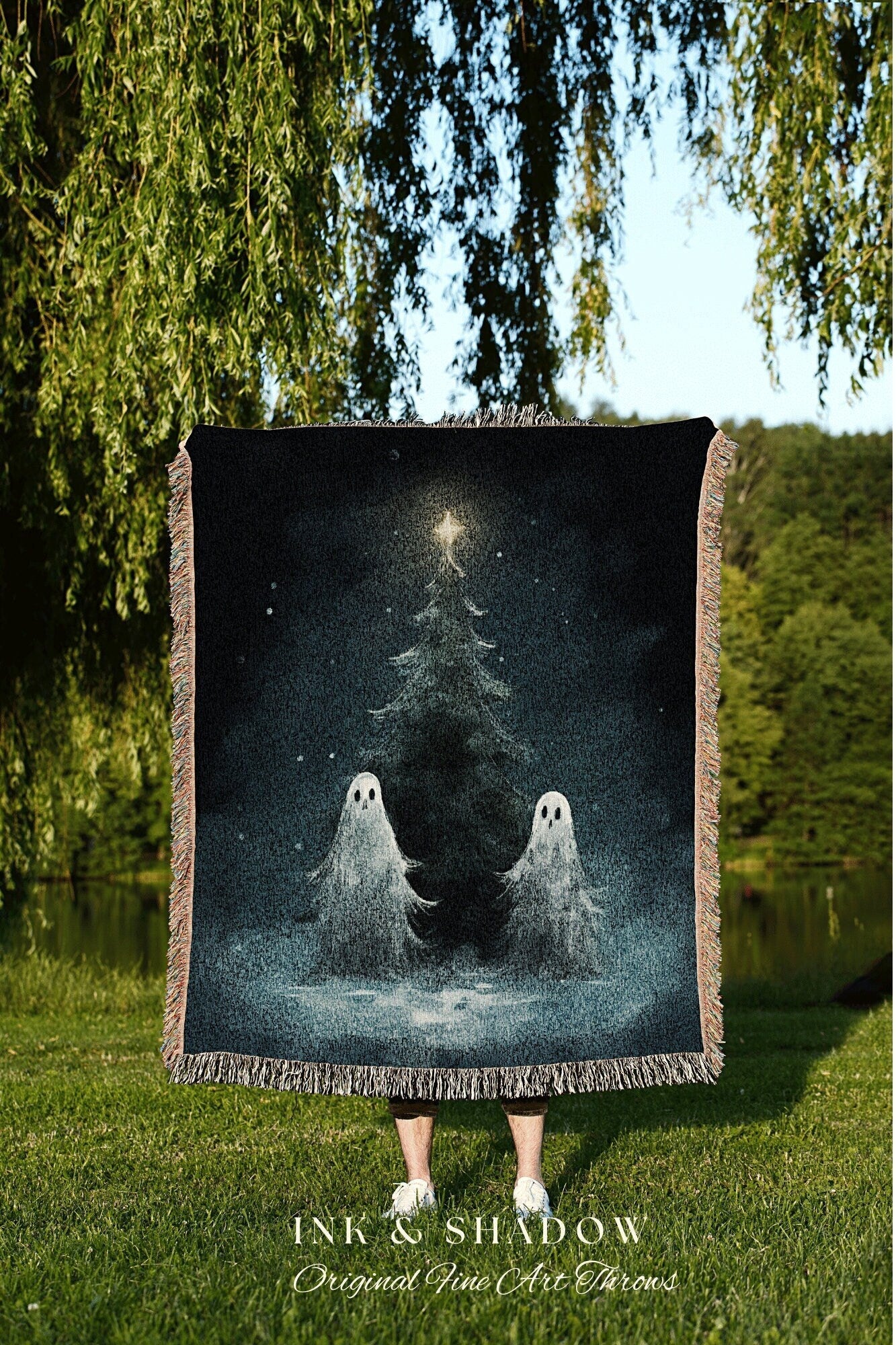 Gothic Christmas Spooky Cute Ghost Holiday Blanket Woven Tapestry | Woven Throw Blanket Winter Home Decor Christmas Tree Cute Ghost Tapestry