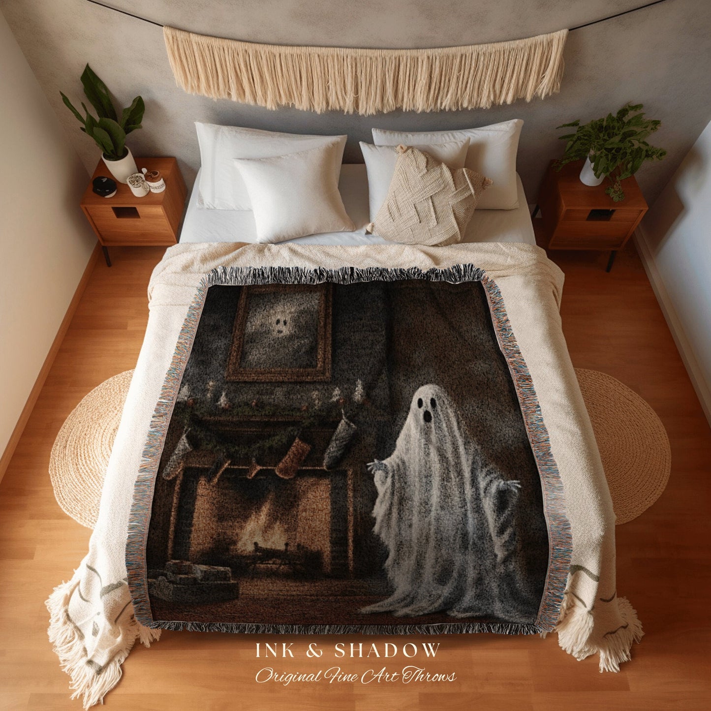 Gothic Christmas Ghost Art Whimsigoth Blanket Woven Tapestry | Woven Throw Blanket Winter Holiday Home Decor Christmas Art Spooky Cute Ghost