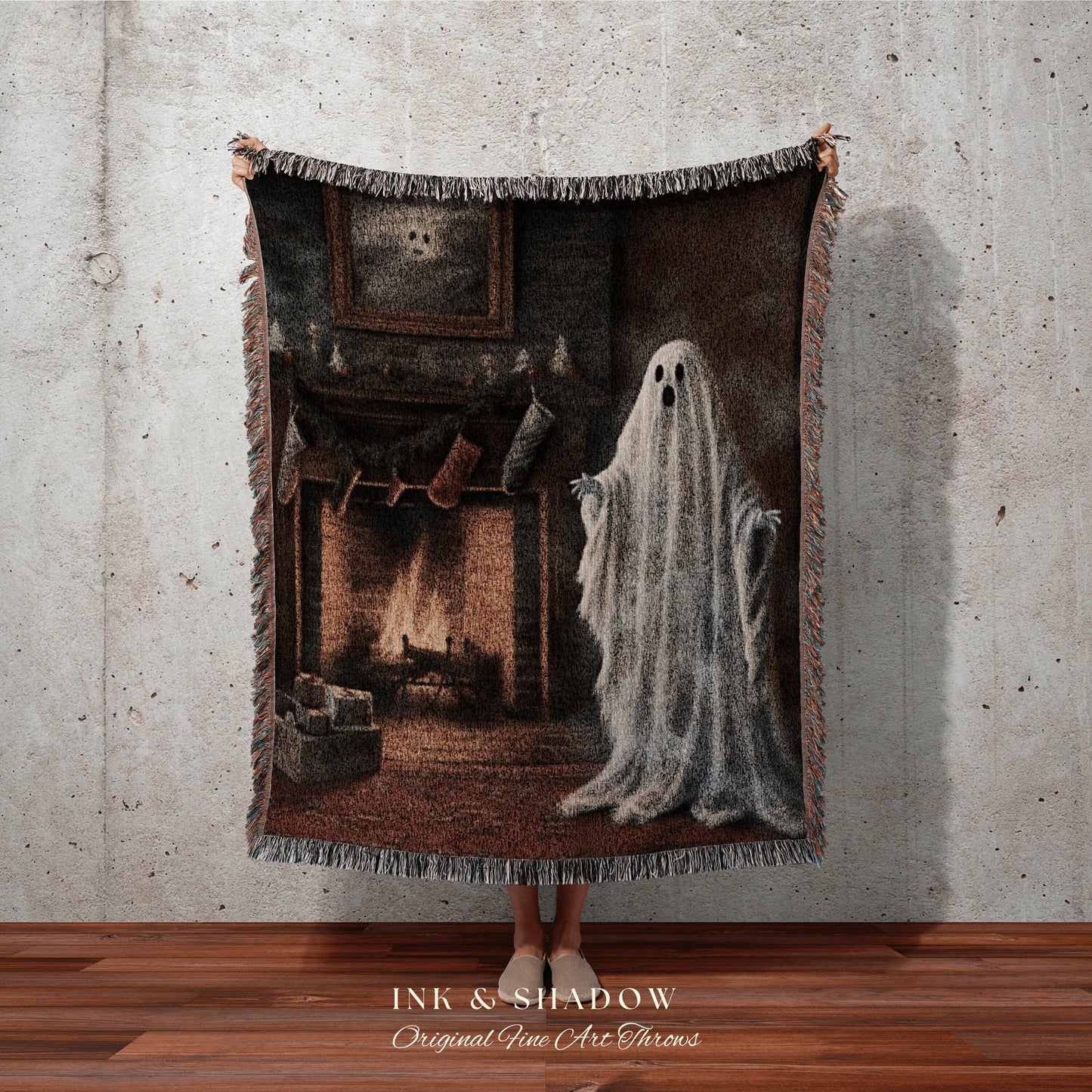 Gothic Christmas Ghost Art Whimsigoth Blanket Woven Tapestry | Woven Throw Blanket Winter Holiday Home Decor Christmas Art Spooky Cute Ghost