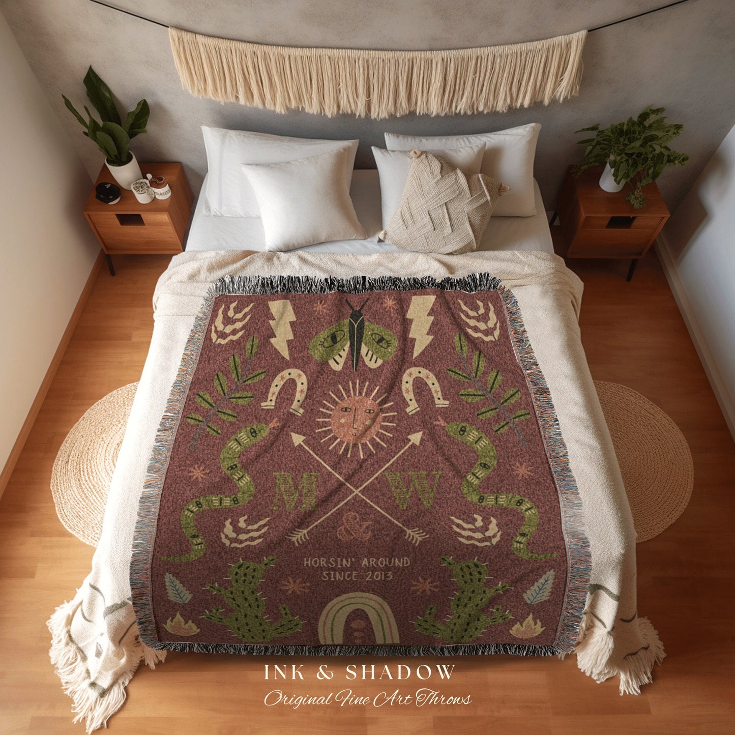 Anniversary Blanket Southwestern Decor Desert Aesthetic Blanket Woven Tapestry | Personalized Wedding Gift Blanket Custom Initials Gift |