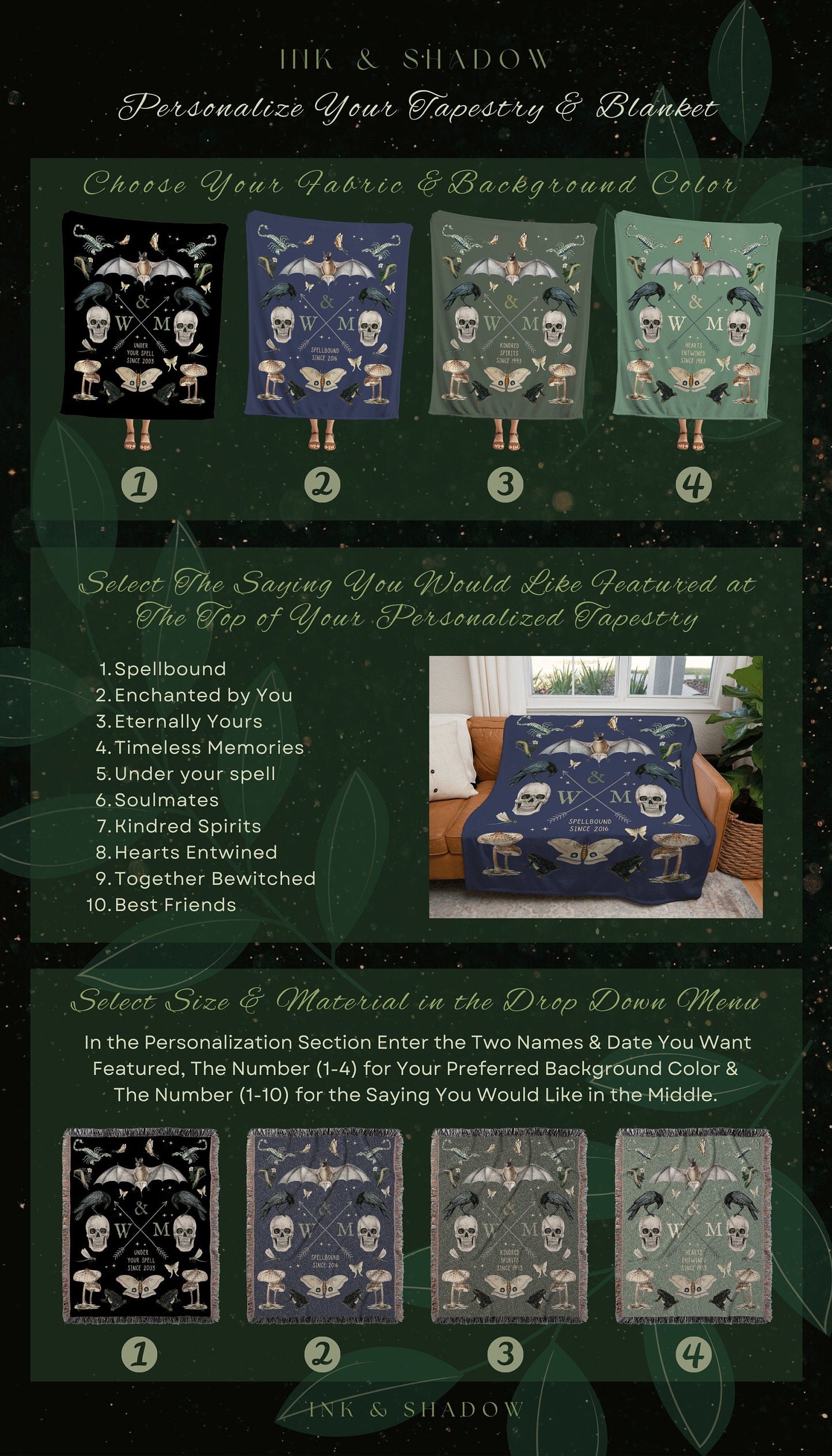 Gothic Anniversary Gift Custom Initials Blanket Woven Tapestry | Personalized Anniversary Gift Blanket Custom Monogram Gift for Goth Couples