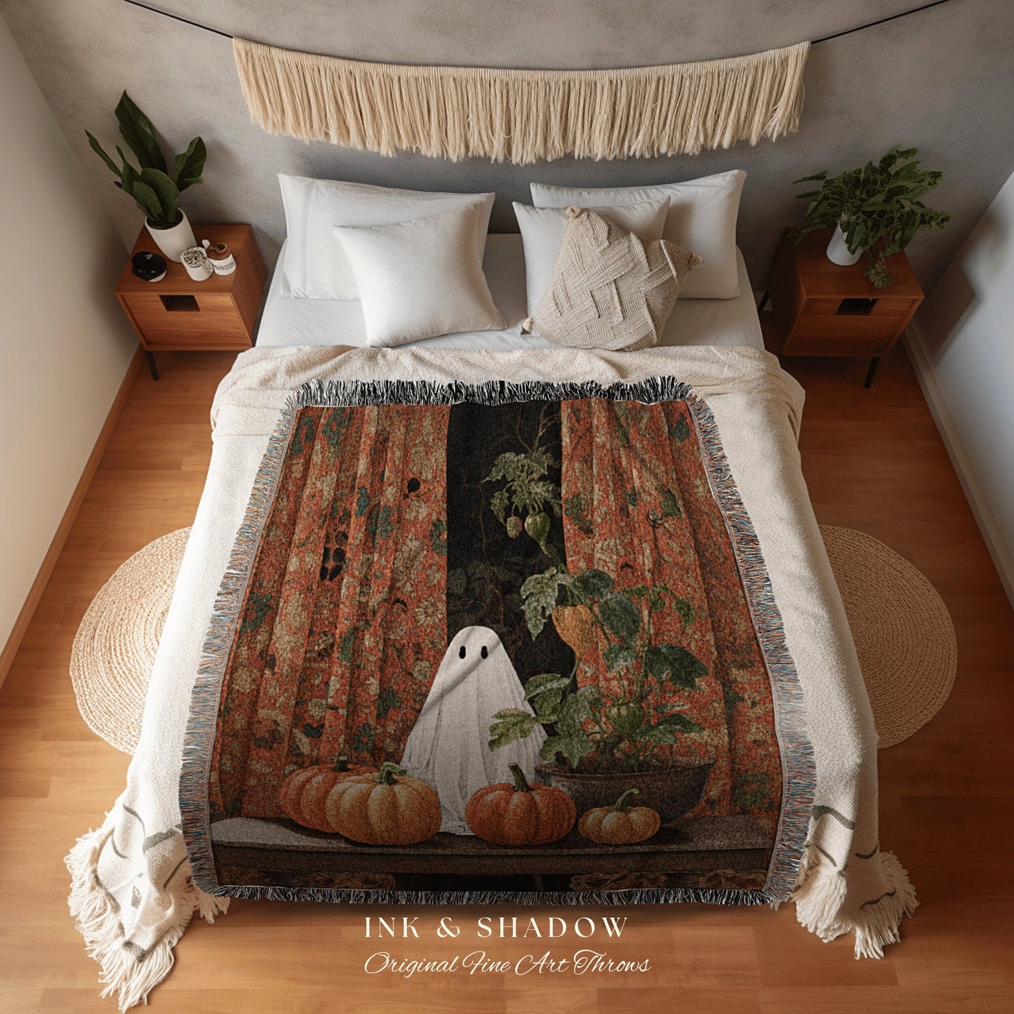 Retro Ghost Tapestry Blanket Ghost Spooky Tapestry | Halloween Vintage Ghost Art Woven Tapestry Halloween Decor Dark Academia Wall Art Ghost