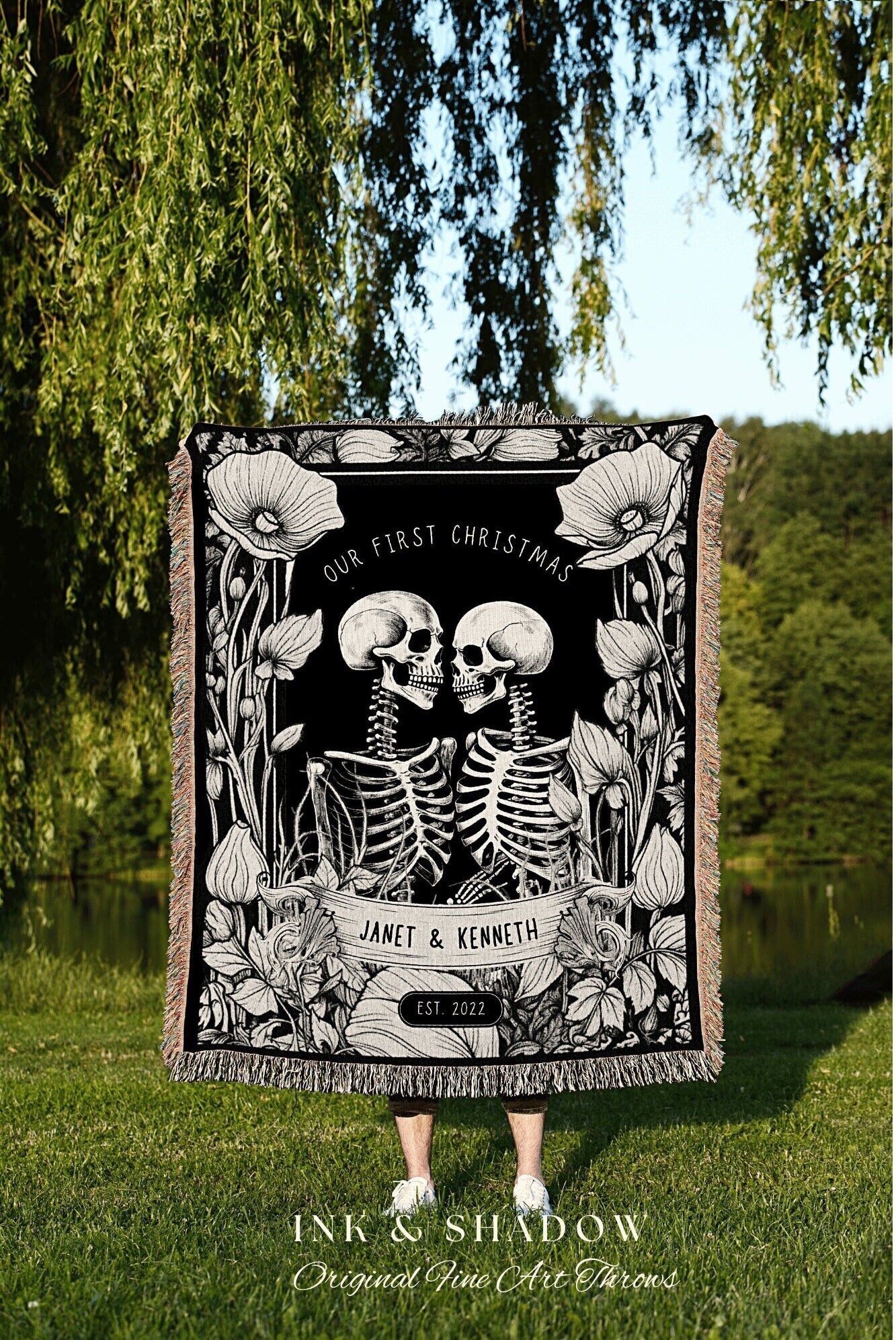 Gothic Couple Custom Gift 'Our First Christmas' Personalized Tapestry | Gothic Wedding Custom Blanket Woven | Spooky Wedding Gift Custom Art