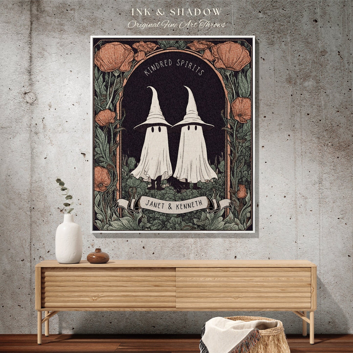 Cute Ghost Friends Blanket 'Kindred Spirits' Custom Gift | Gothic Christmas Custom Blanket Woven | Spooky Cute Gift Personalized Halloween |