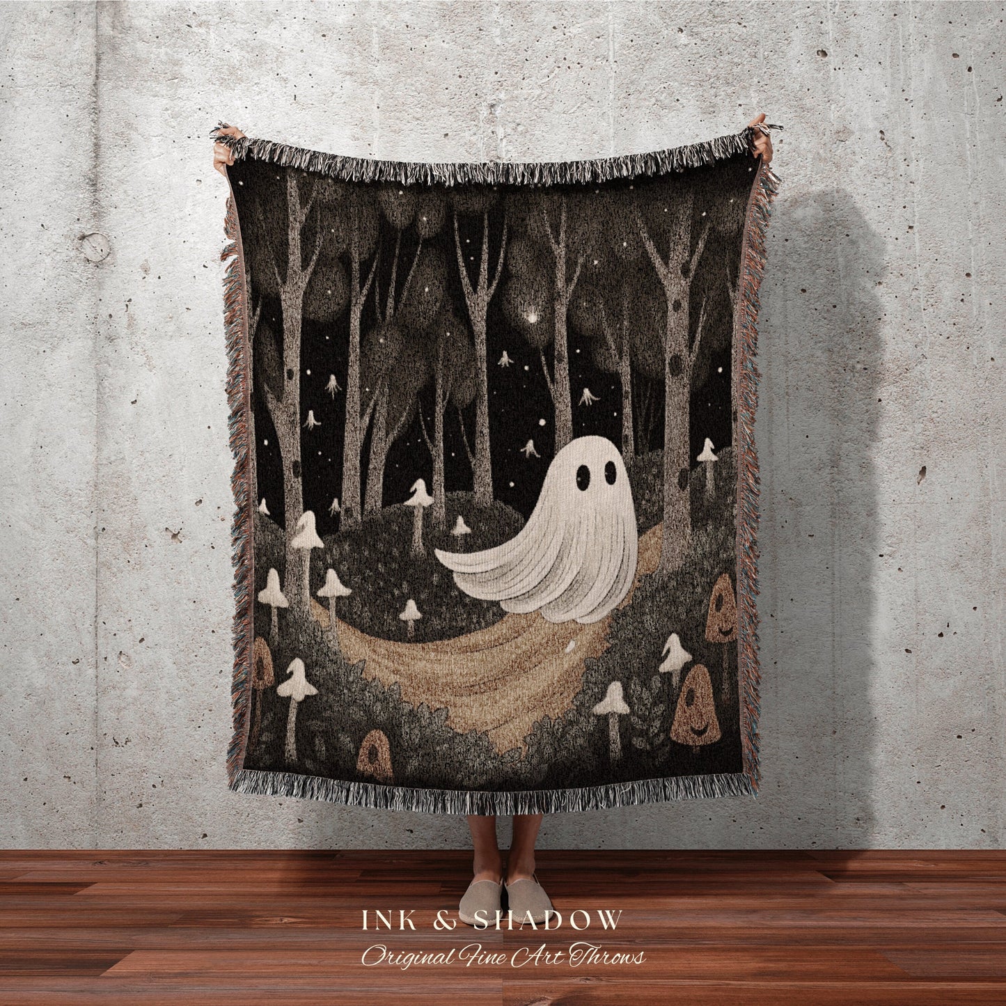 Woodland Mushroom Blanket Woven | Dark Cottagecore Room Decor Whimsical Wall Art Woodland Ghost Painting Mushroom Wall Art Whimsigoth Decor