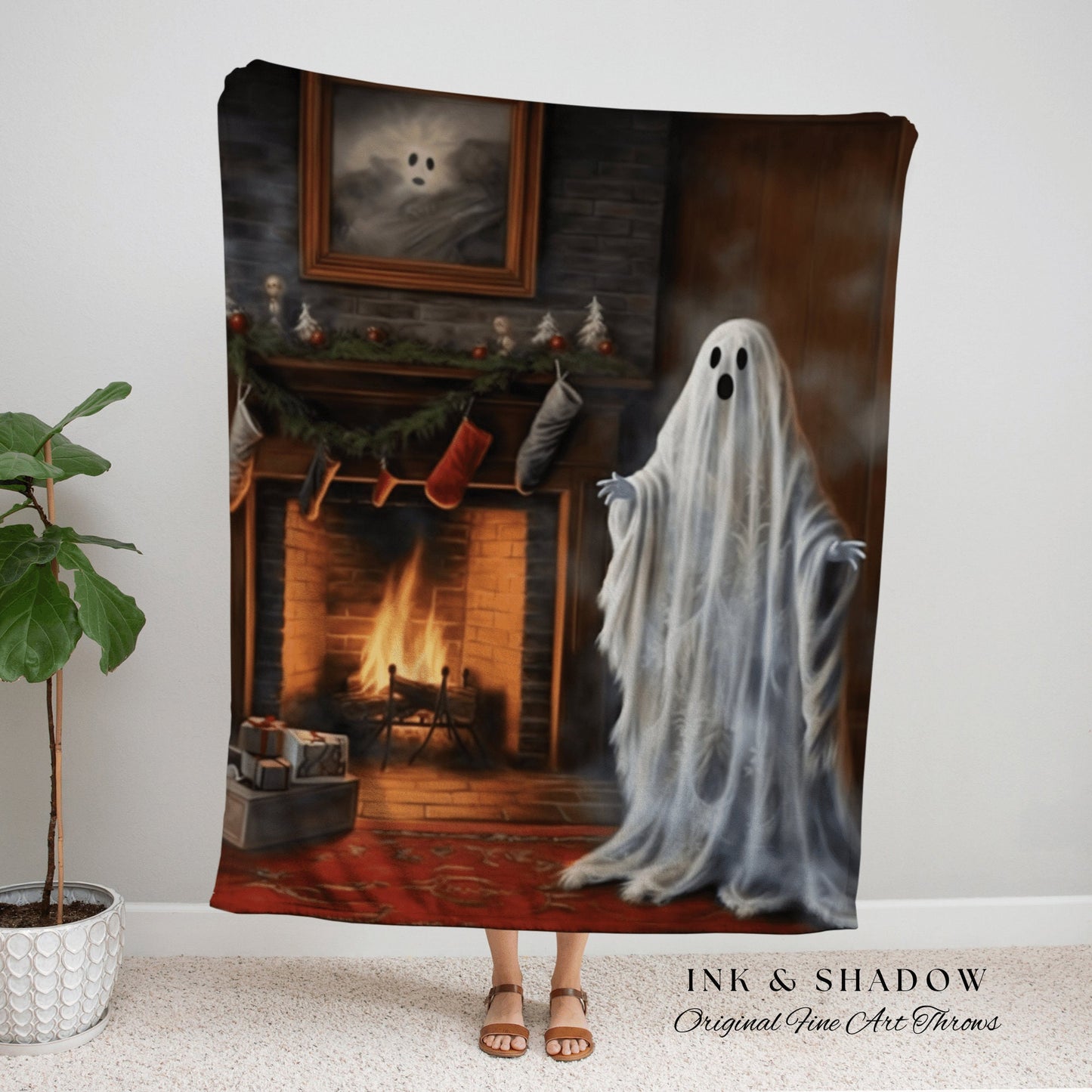 Gothic Christmas Ghost Art Whimsigoth Blanket Woven Tapestry | Woven Throw Blanket Winter Holiday Home Decor Christmas Art Spooky Cute Ghost