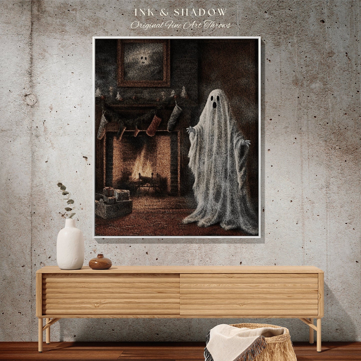Gothic Christmas Ghost Art Whimsigoth Blanket Woven Tapestry | Woven Throw Blanket Winter Holiday Home Decor Christmas Art Spooky Cute Ghost