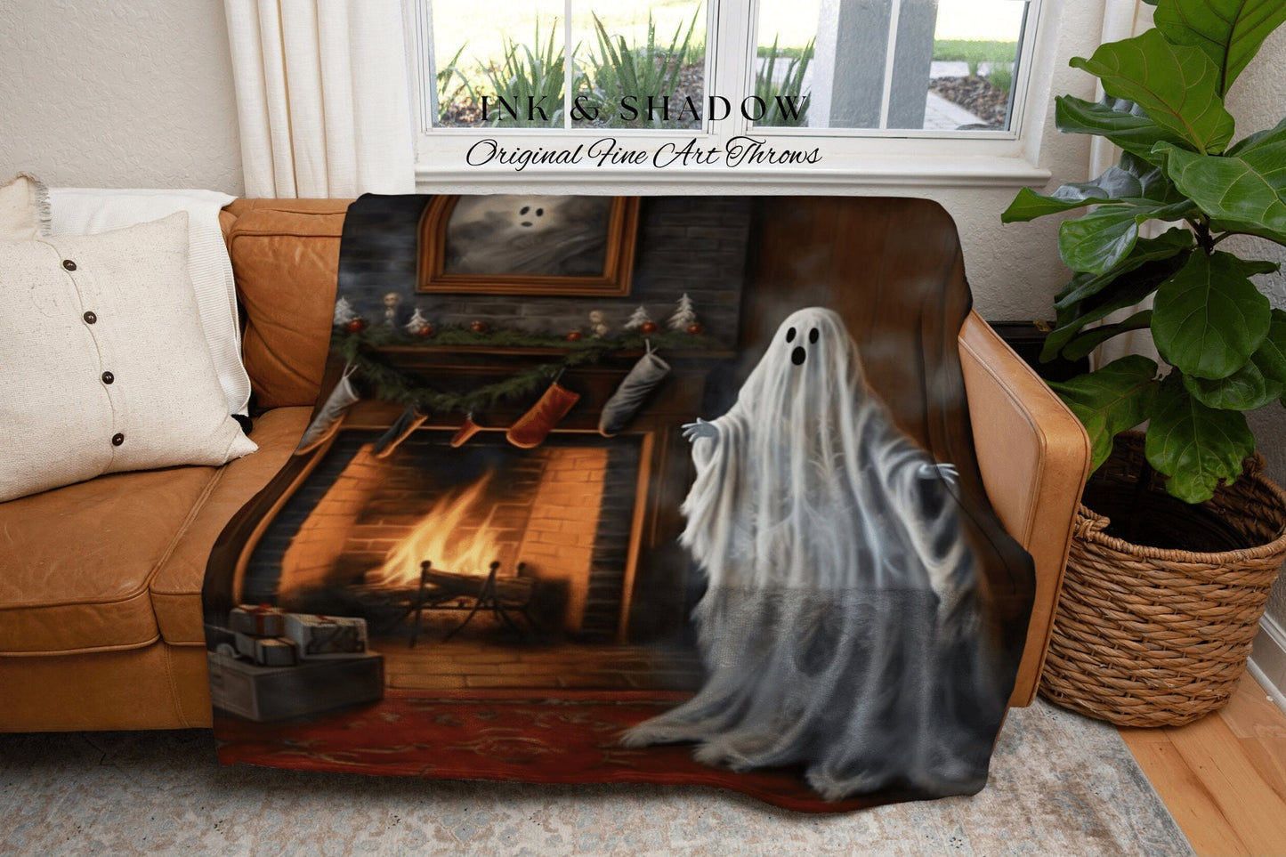 Gothic Christmas Ghost Art Whimsigoth Blanket Woven Tapestry | Woven Throw Blanket Winter Holiday Home Decor Christmas Art Spooky Cute Ghost