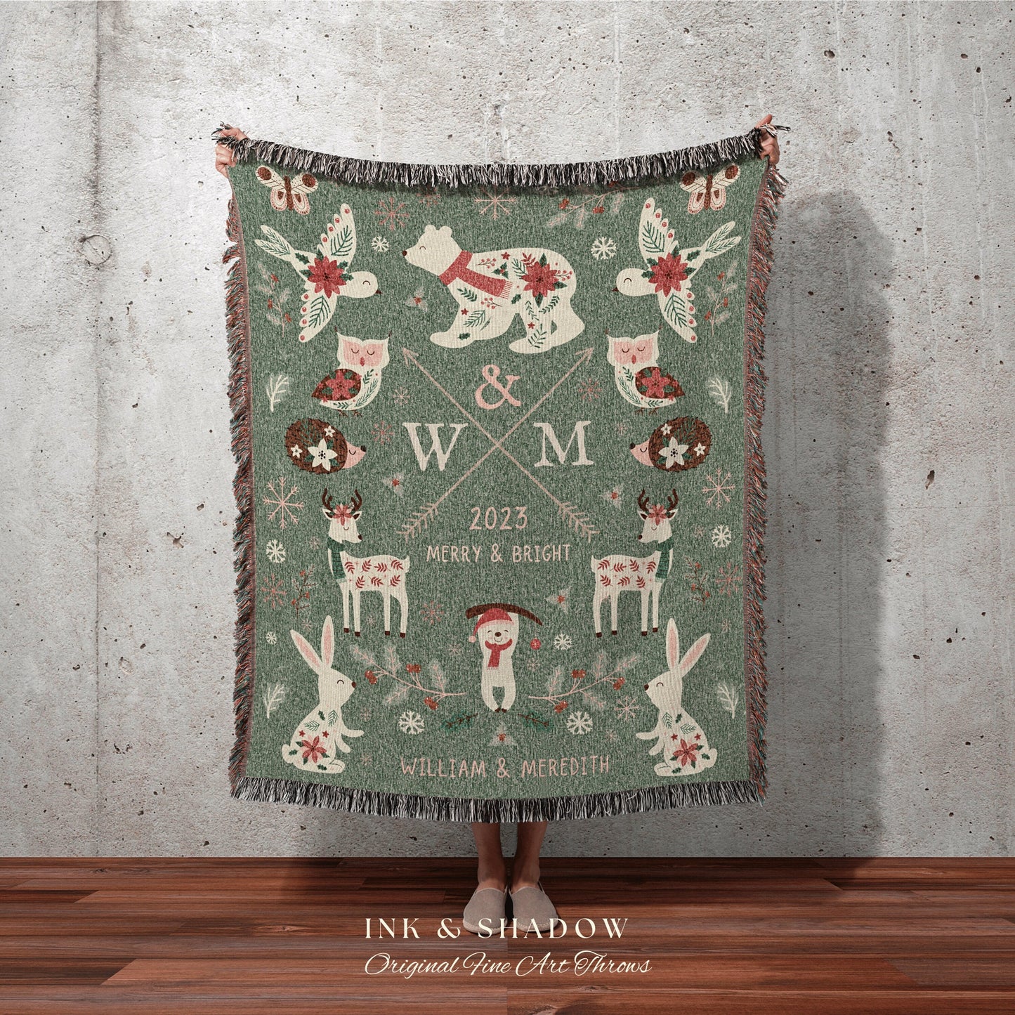 Holiday Wedding Gift Personalized Anniversary Blanket Woven Tapestry | Custom Winter Wedding Anniversary Gift Blanket Custom Initials Gift |