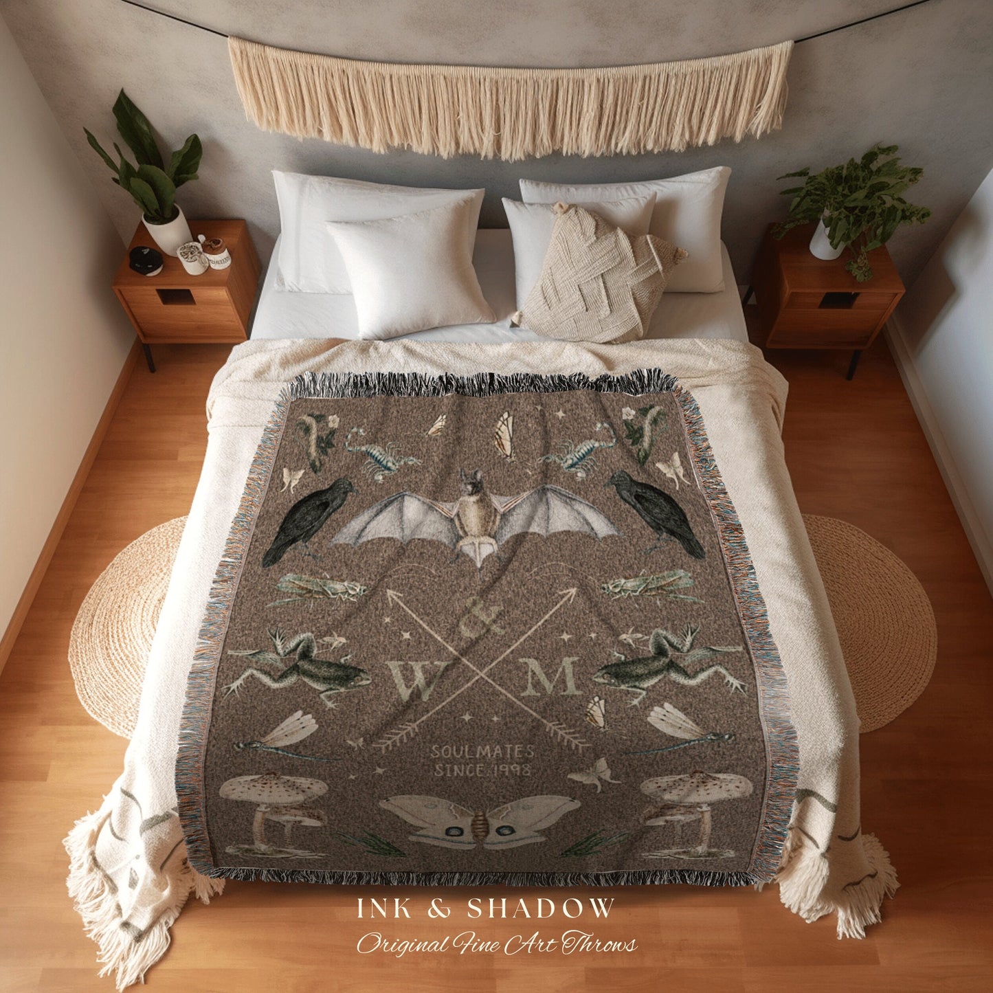 Gothic Wedding Anniversary Gift Custom Blanket Woven Tapestry | Personalized Anniversary Gift Blanket Custom Initials Gift for Goth Couples