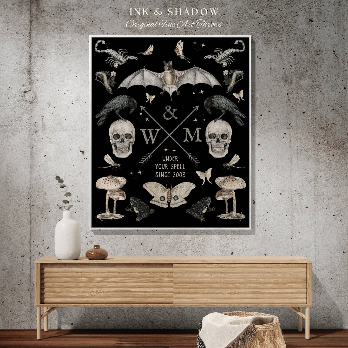 Gothic Anniversary Gift Custom Initials Blanket Woven Tapestry | Personalized Anniversary Gift Blanket Custom Monogram Gift for Goth Couples