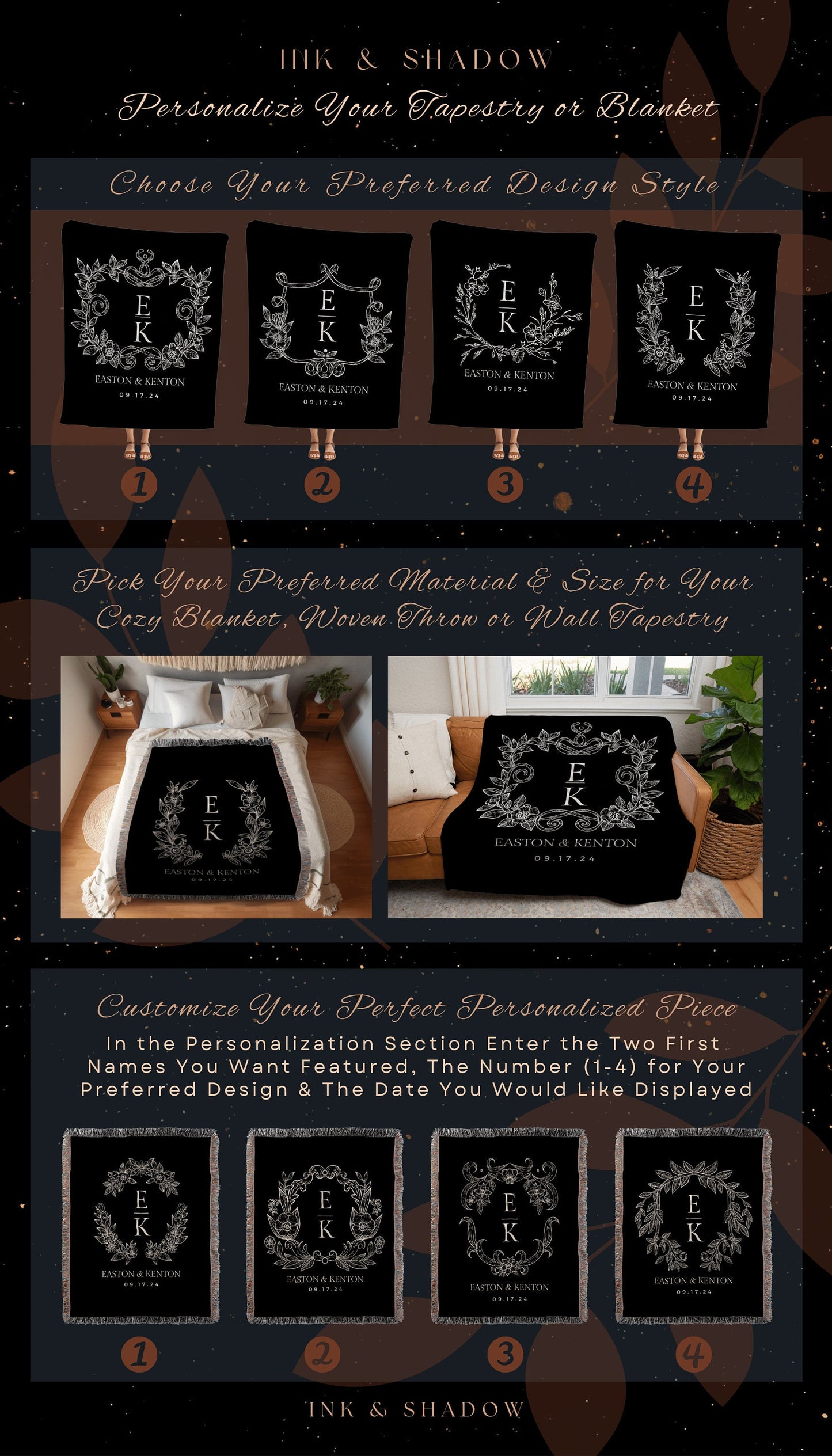Gothic Wedding Initials Blanket | Personalized Last Name Gift Blanket Wedding Monogram Custom Anniversary Mr & Mrs Initials Tapestry Wedding