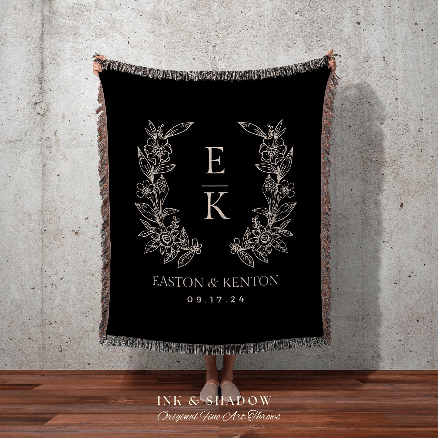 Gothic Wedding Initials Blanket | Personalized Last Name Gift Blanket Wedding Monogram Custom Anniversary Mr & Mrs Initials Tapestry Wedding