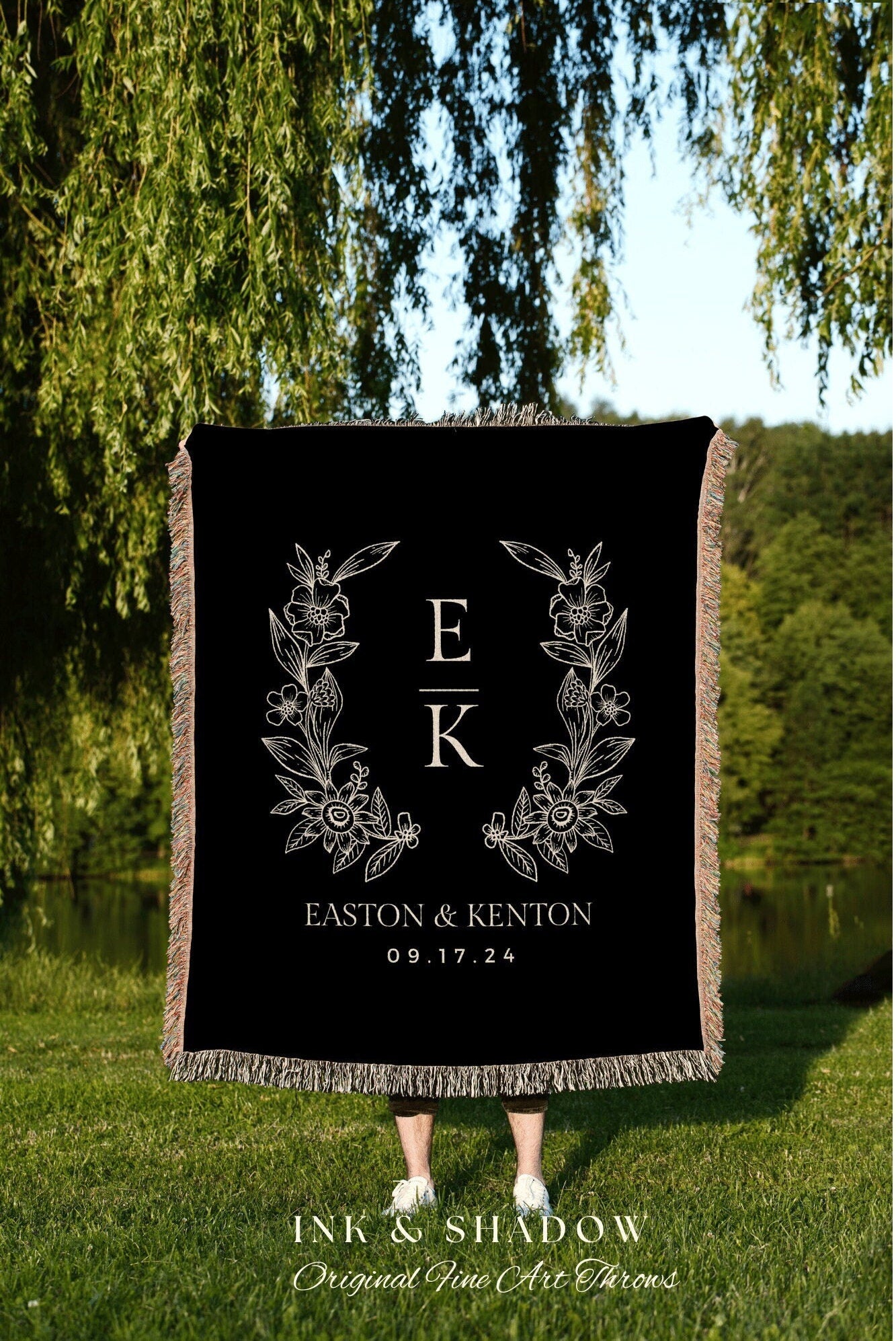 Gothic Wedding Initials Blanket | Personalized Last Name Gift Blanket Wedding Monogram Custom Anniversary Mr & Mrs Initials Tapestry Wedding