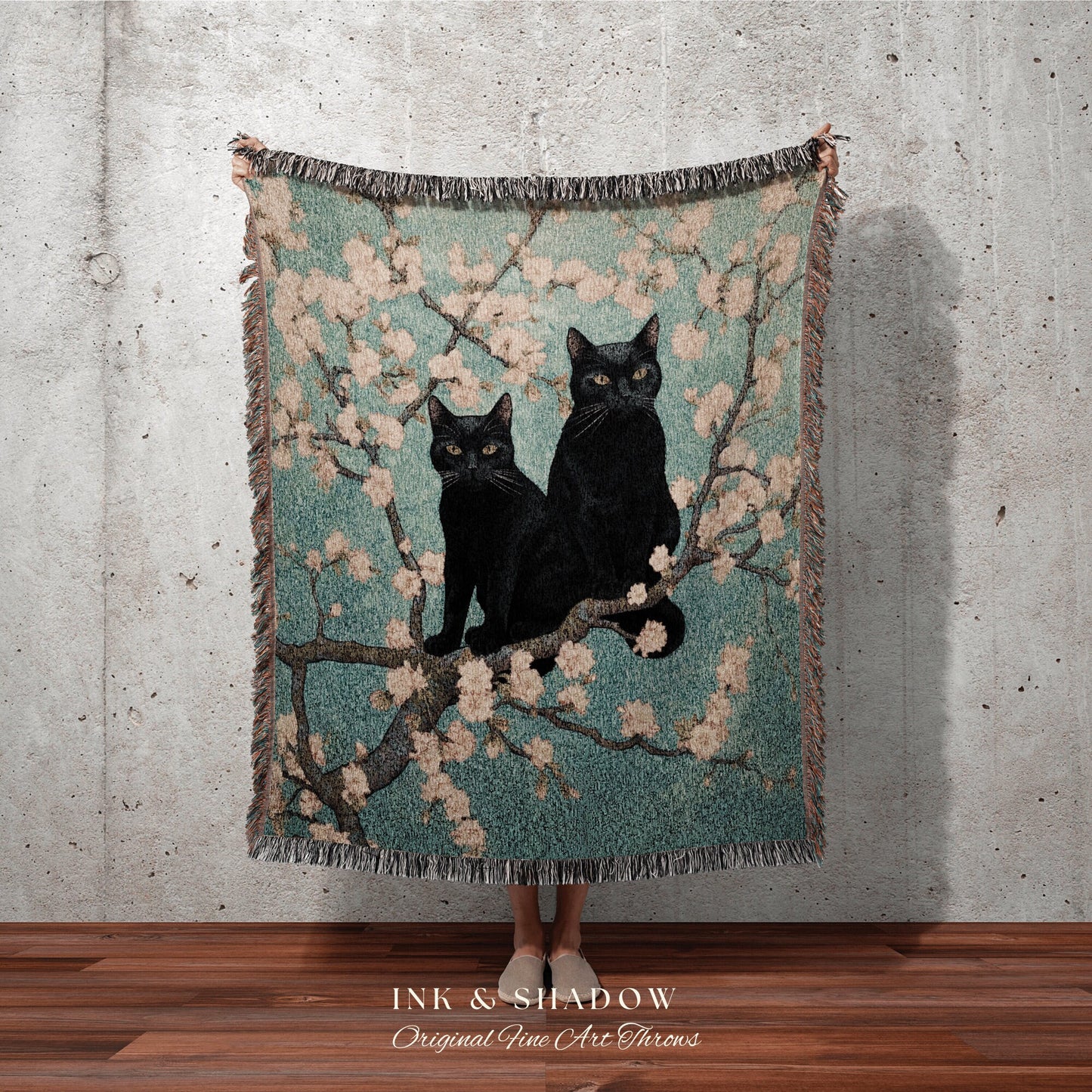 Van Gogh 'Almond Blossom" Black Cat Painting Blanket Woven | Funny Tapestry Black Cat Painting Van Gogh Inspired Art Blanket Famous Art Gift