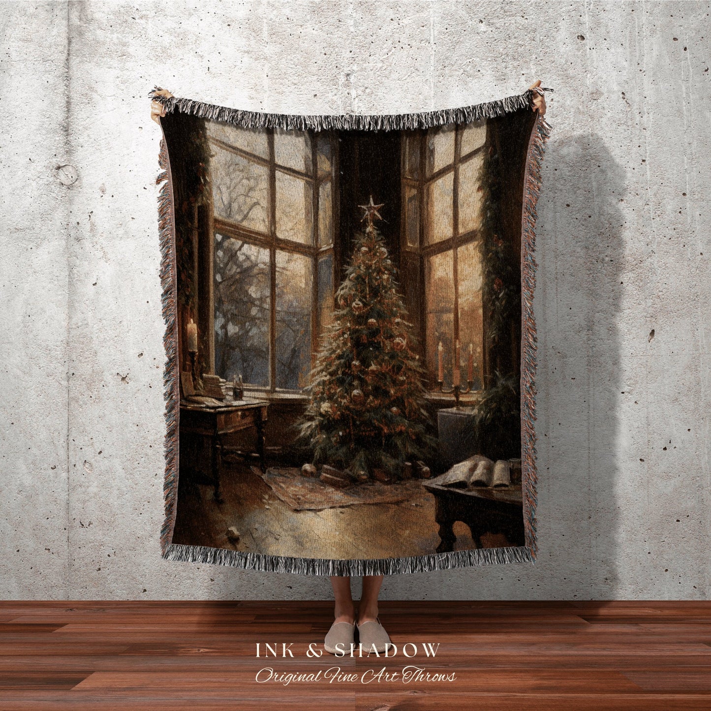 Holiday Woven Blanket | Vintage Christmas Tree Painting Blanket Woven Tapestry Winter Holiday Decor Snowy Landscape Vintage Home Decor Xmas