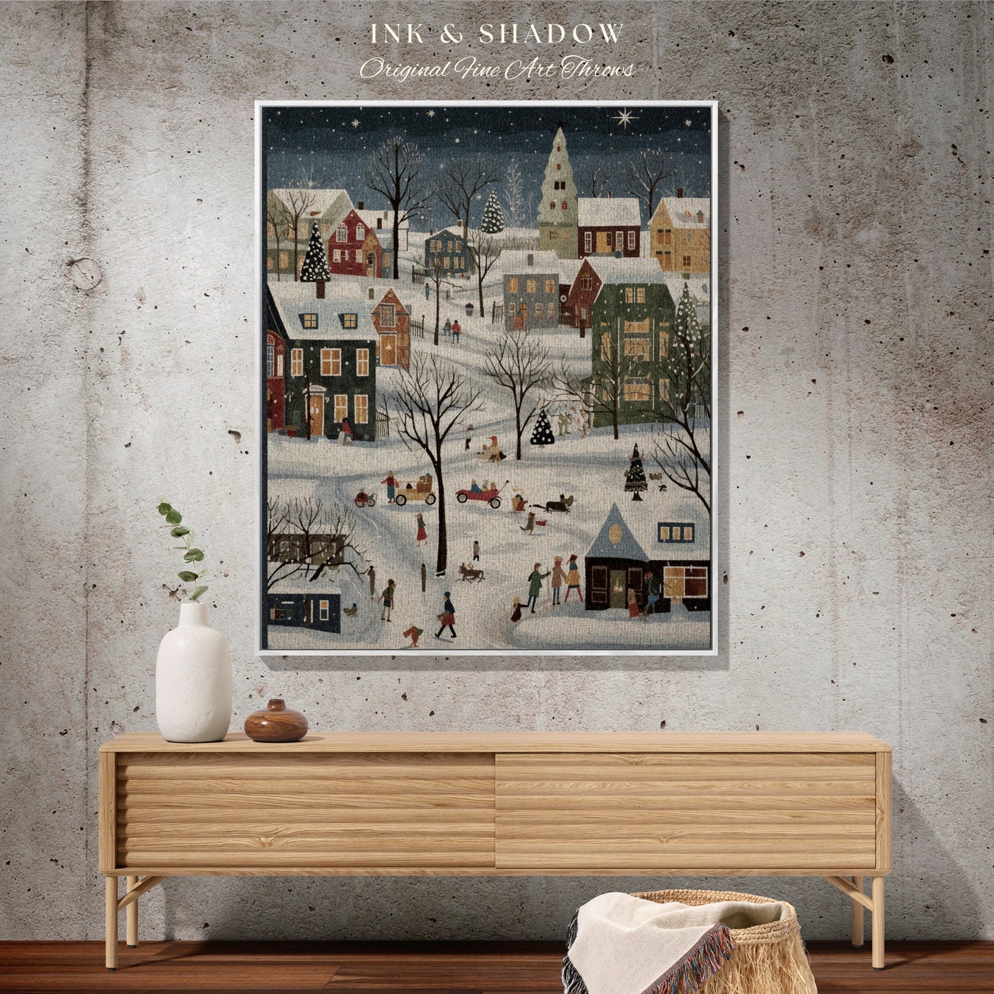Boho Christmas Village Blanket | Cozy Christmas Blanket Woven Tapestry Scandinavian Folk Art Pastel Danish Decor Winter Home Decor Vintage |
