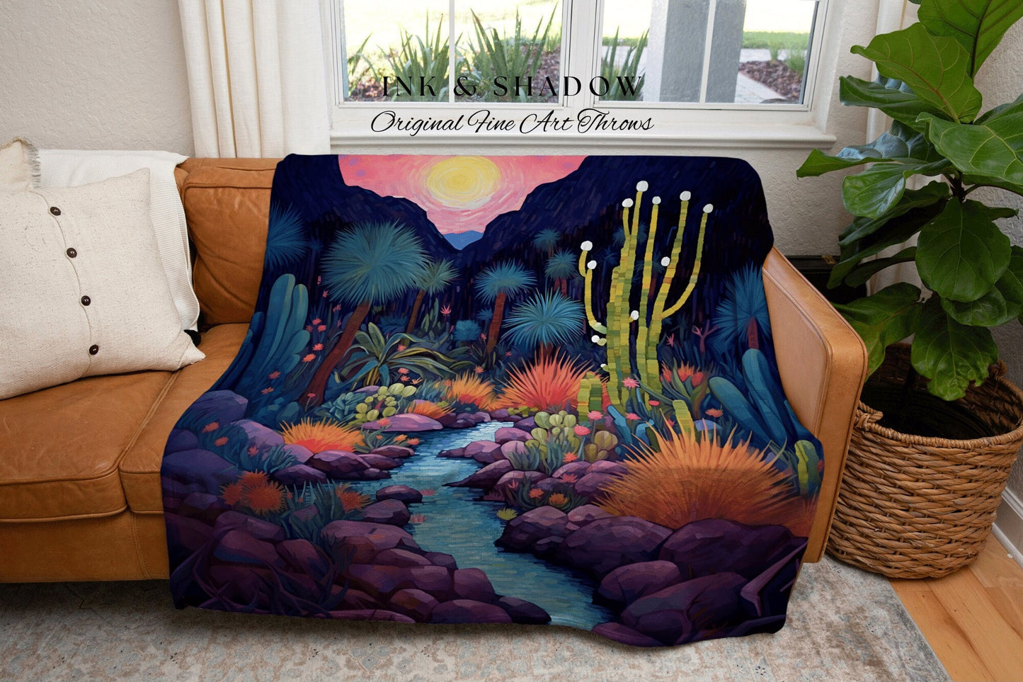Desert Night Tapestry Woven Throw Blanket | Moonlit Landscape Desert Aesthetic Mystical Blanket Dark Cottagecore Bohemian Desert Tapestry