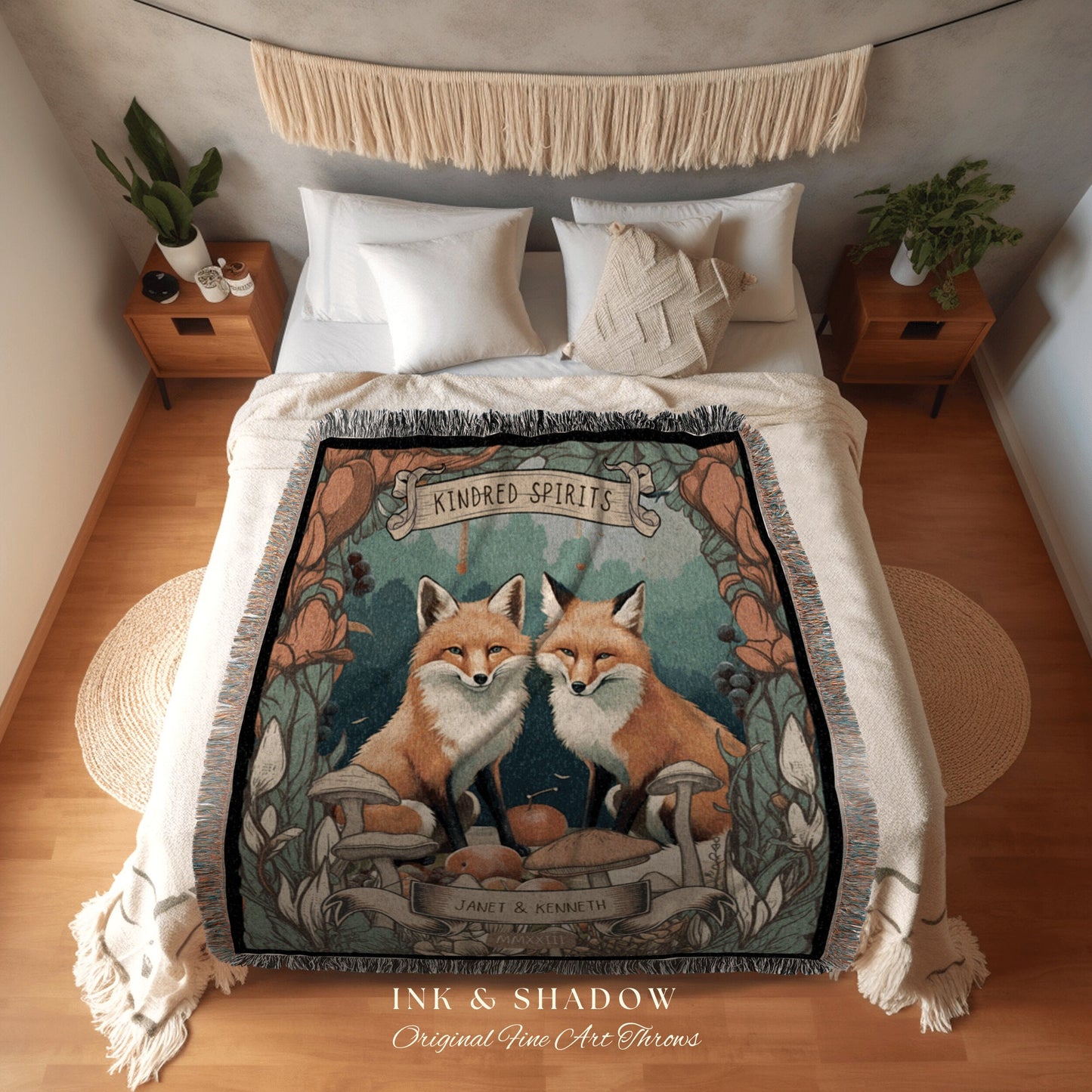 Fox Couple Personalized Blanket | Woodland Wedding Gothic Fox Blanket Cute Couples Tapestry Personalized Mr & Mrs Anniversary Blanket Custom