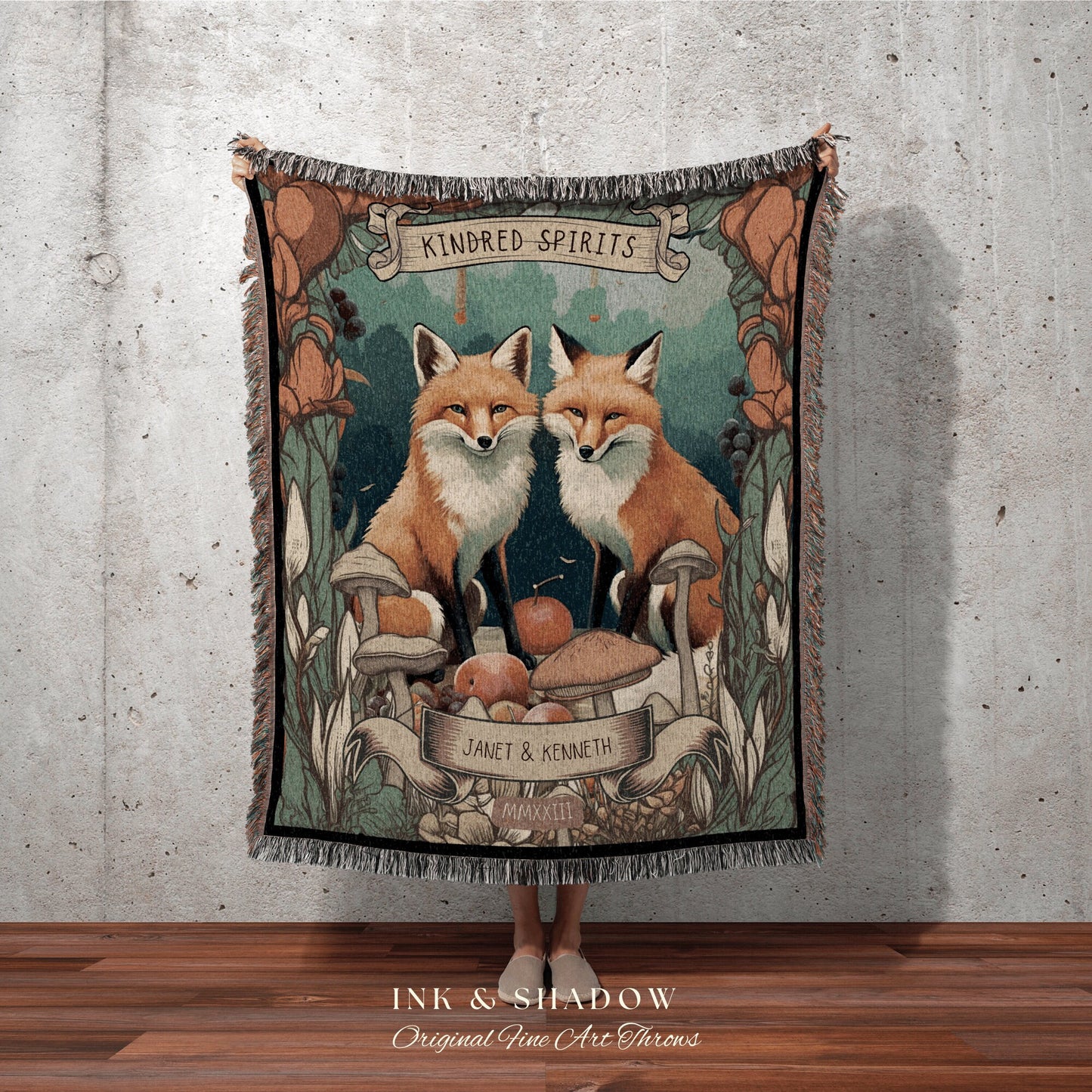 Fox Couple Personalized Blanket | Woodland Wedding Gothic Fox Blanket Cute Couples Tapestry Personalized Mr & Mrs Anniversary Blanket Custom