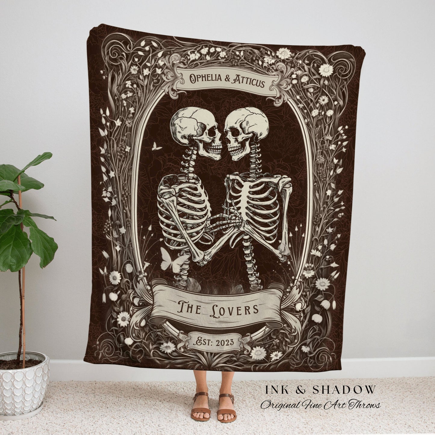 Gothic Engagement Blanket Custom | Personalized Wedding Anniversary Blanket Unique Couple Gift for Goths Custom Tapestry Skeleton Blanket |