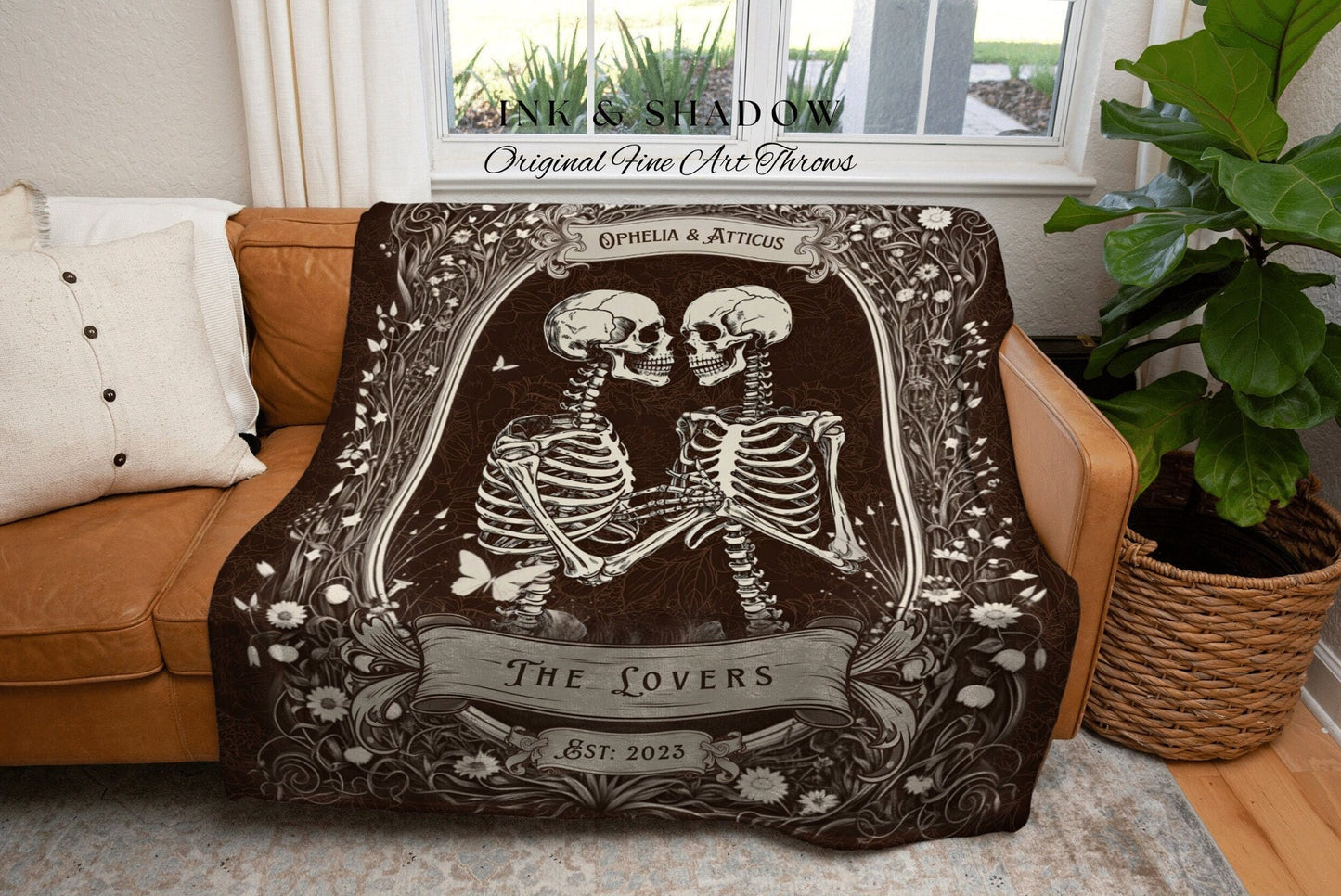 Gothic Engagement Blanket Custom | Personalized Wedding Anniversary Blanket Unique Couple Gift for Goths Custom Tapestry Skeleton Blanket |