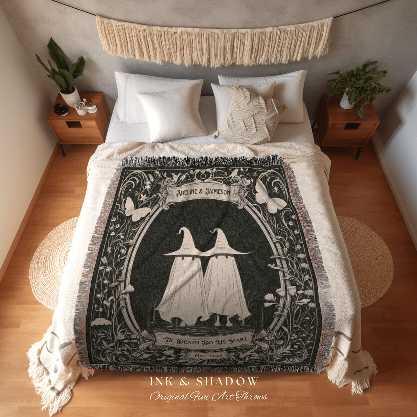 Goth Engagement Blanket 'Til Death' | Personalized Wedding Blanket Cottagecore Couples Tapestry Woven Ghost Gifts His and Hers Anniversary |