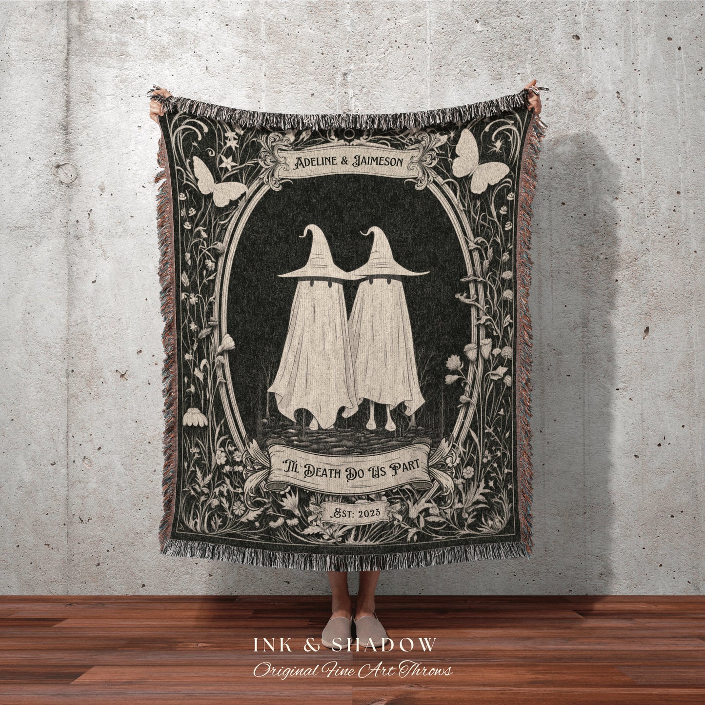 Goth Engagement Blanket 'Til Death' | Personalized Wedding Blanket Cottagecore Couples Tapestry Woven Ghost Gifts His and Hers Anniversary |