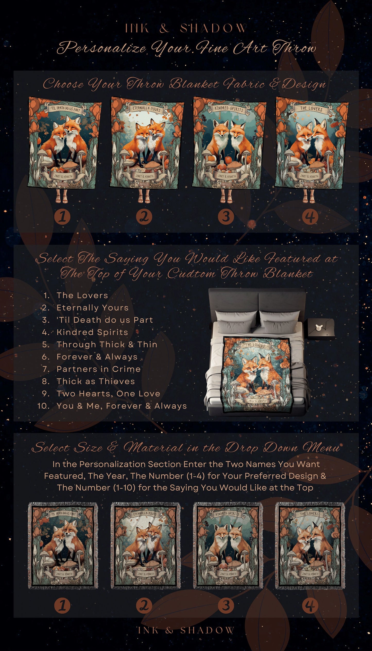 Fox Couple Personalized Blanket | Woodland Wedding Gothic Fox Blanket Cute Couples Tapestry Personalized Mr & Mrs Anniversary Blanket Custom