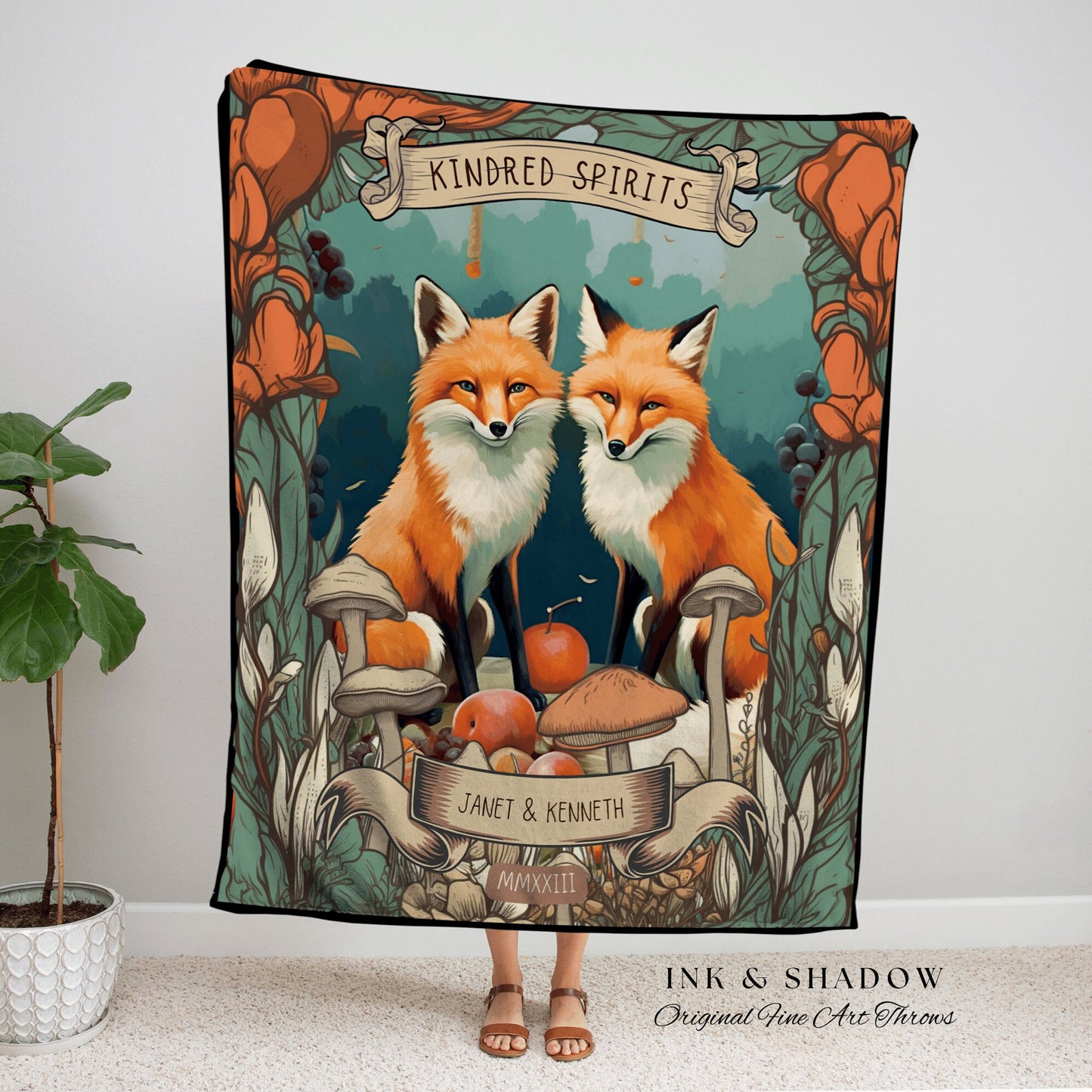 Fox Couple Personalized Blanket | Woodland Wedding Gothic Fox Blanket Cute Couples Tapestry Personalized Mr & Mrs Anniversary Blanket Custom