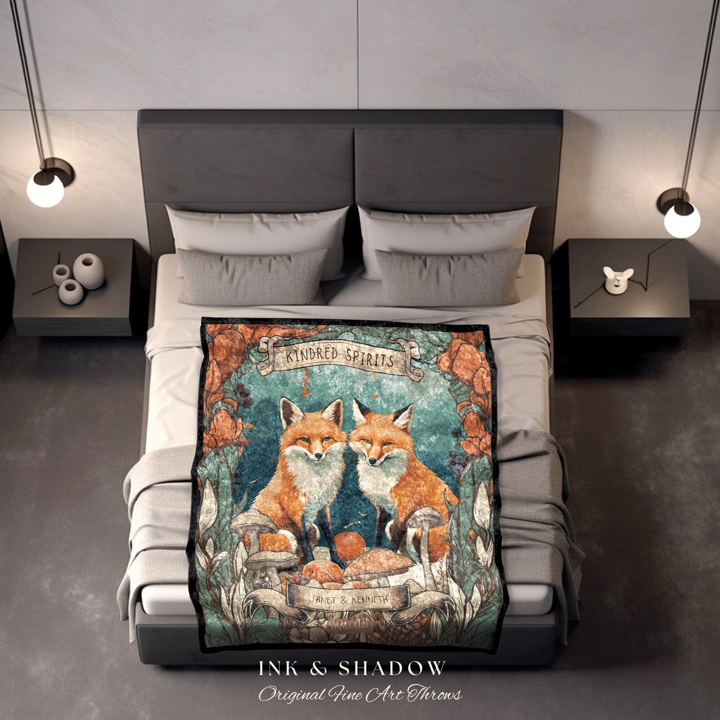 Fox Couple Personalized Blanket | Woodland Wedding Gothic Fox Blanket Cute Couples Tapestry Personalized Mr & Mrs Anniversary Blanket Custom
