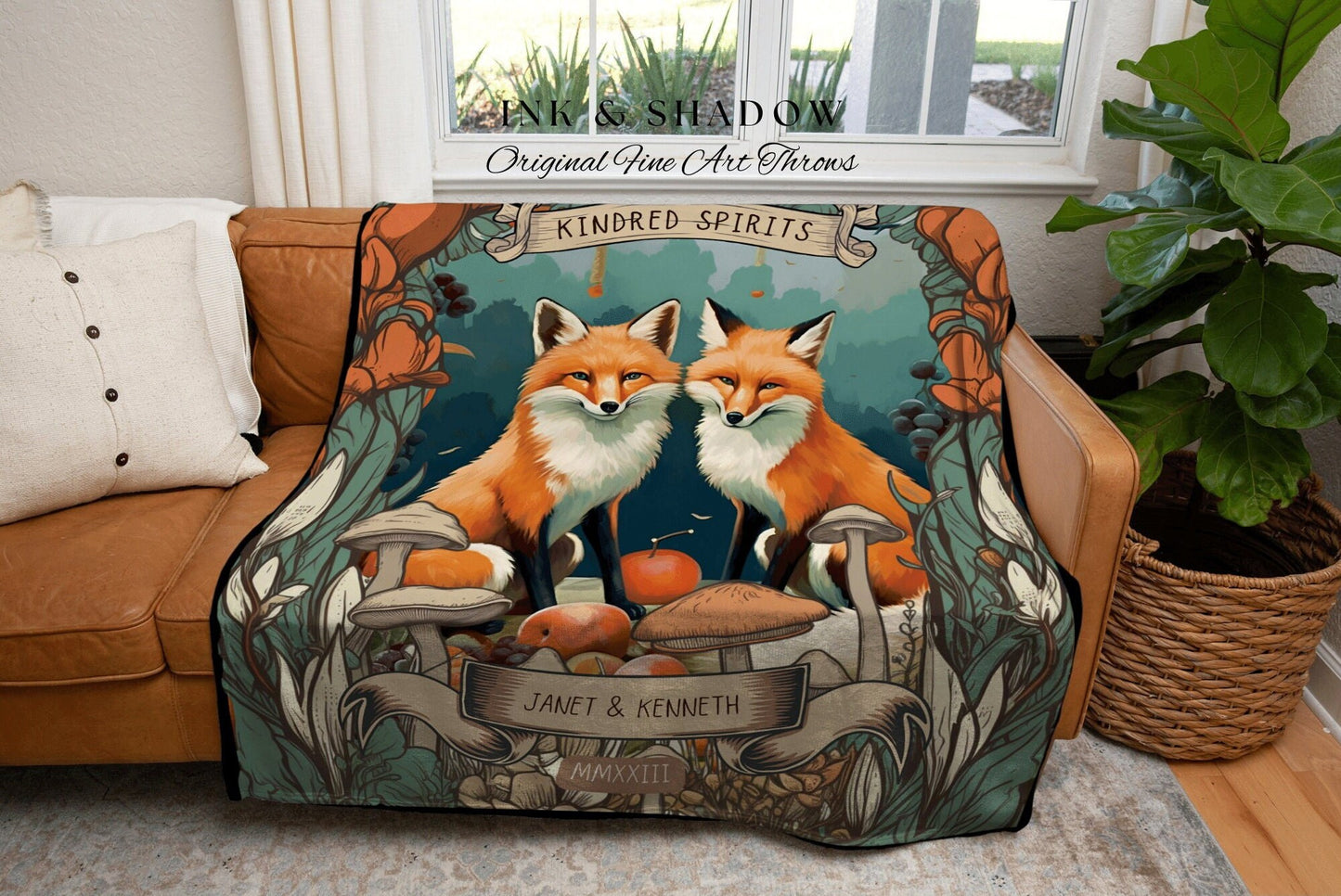 Fox Couple Personalized Blanket | Woodland Wedding Gothic Fox Blanket Cute Couples Tapestry Personalized Mr & Mrs Anniversary Blanket Custom