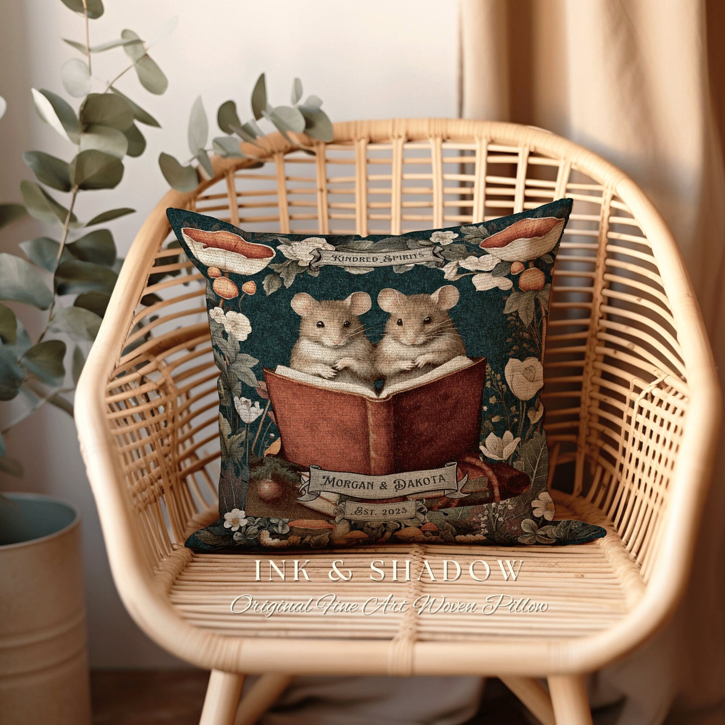 Kindred Spirits Mouse Pillow Woven | Woodland Decor Custom Dating Anniversary Meaningful Gift for Couple Housewarming Gift Book Lover Custom
