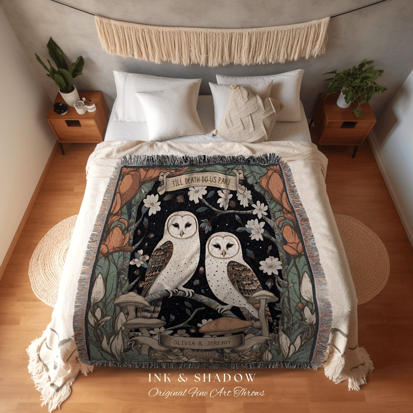 Barn Owl Couples Throw Blanket | Cottagecore Wedding Gothic Owl Throw Couples Tapestry Personalized His & Hers Anniversary Throw Blanket |