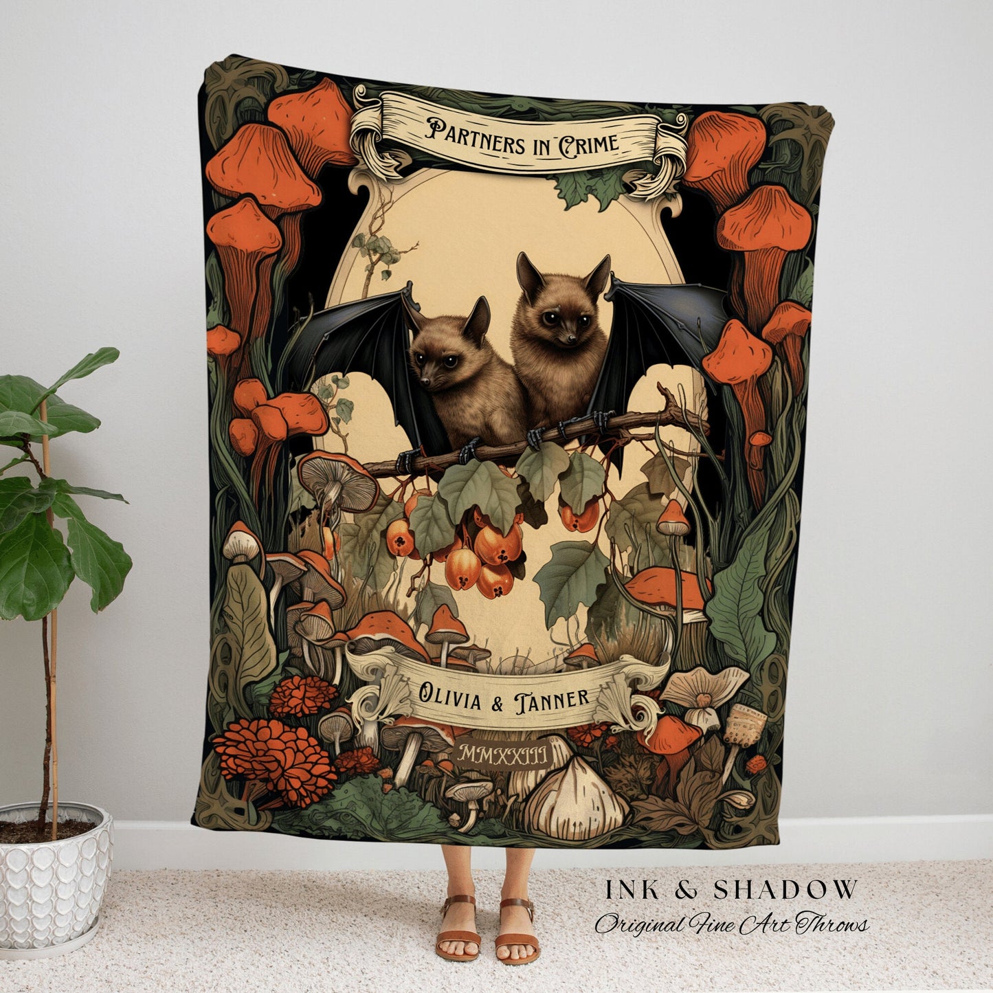 Gothic Bat Blanket Personalized | Couples Anniversary Gift Gothic Wedding Custom Blanket Gift for Goth Couples Bat Blanket Dark Cottagecore