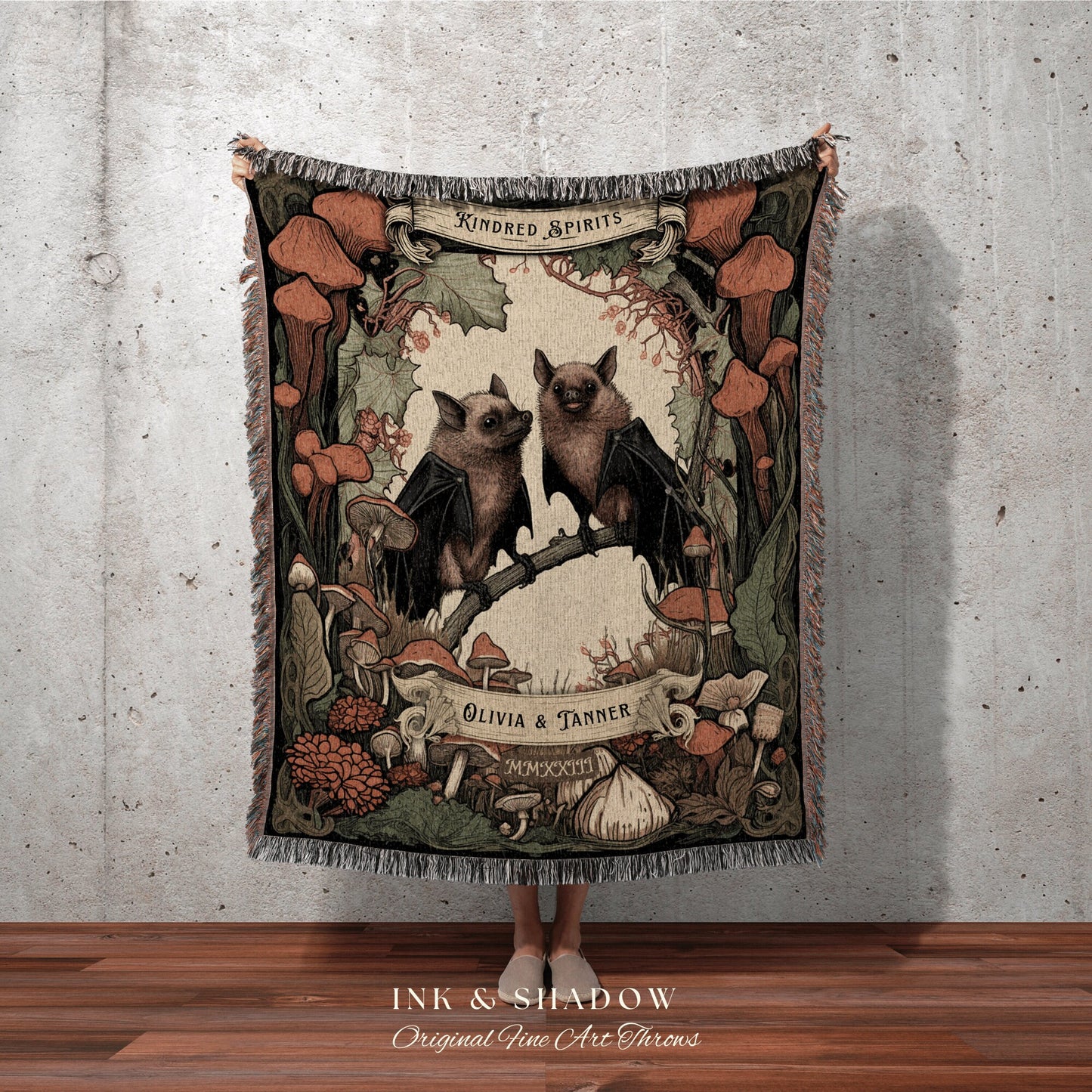 Kindred Spirits Bat Blanket | Couples Gift Gothic Wedding Custom Name Blanket Woven Gift for Goth Couples Custom Blanket Dark Cottagecore |