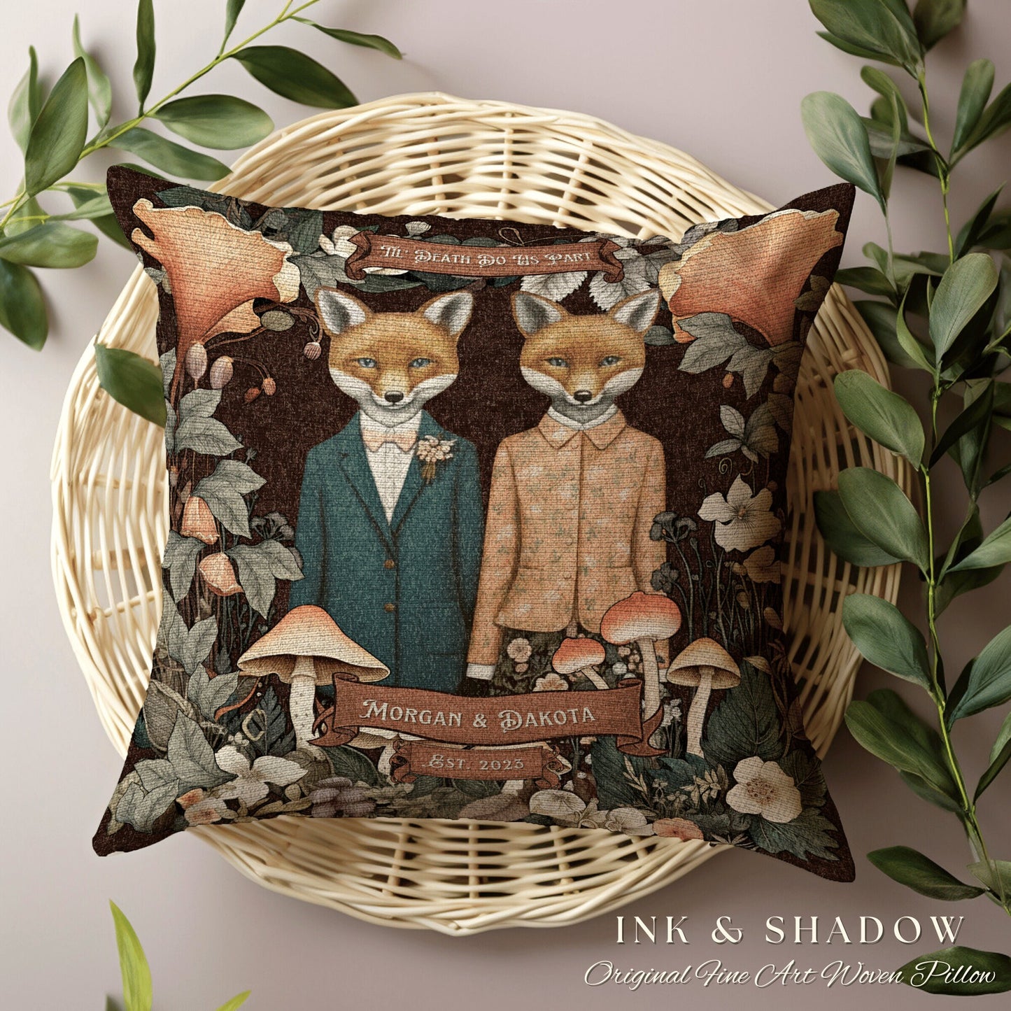 Fox Lovers Custom Pillow Woven | Woodland Decor Custom Dating Anniversary Meaningful Gift Housewarming Pillow Cottagecore Fox Couple Decor |