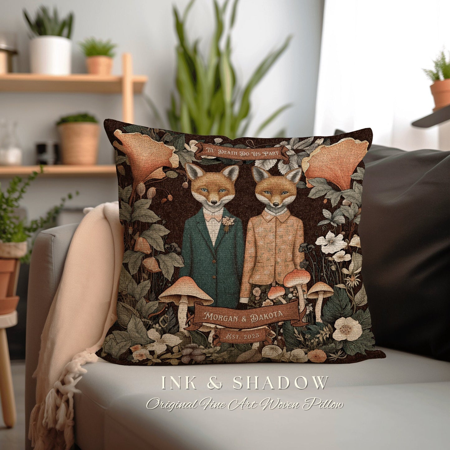 Fox Lovers Custom Pillow Woven | Woodland Decor Custom Dating Anniversary Meaningful Gift Housewarming Pillow Cottagecore Fox Couple Decor |