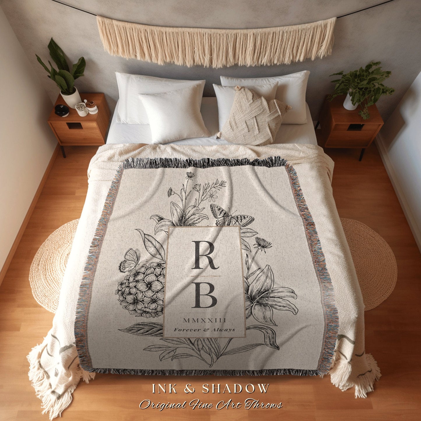 Initials Blanket Cotton Anniversary | Woven Tapestry Blanket Personalized Wedding Initials Gift Monogram Custom Anniversary Gift Mr and Mrs