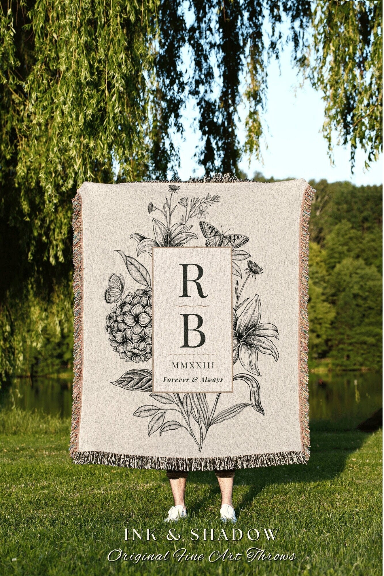 Initials Blanket Cotton Anniversary | Woven Tapestry Blanket Personalized Wedding Initials Gift Monogram Custom Anniversary Gift Mr and Mrs