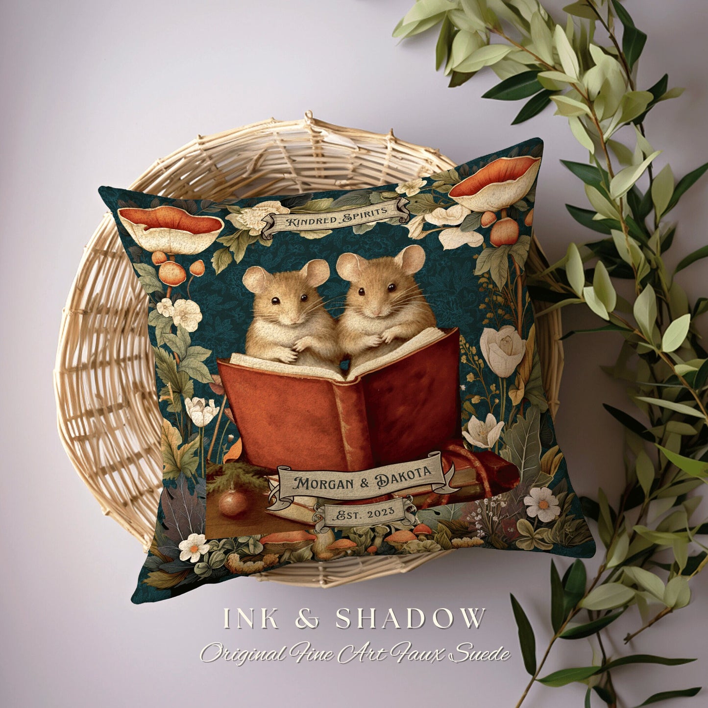 Kindred Spirits Mouse Pillow Woven | Woodland Decor Custom Dating Anniversary Meaningful Gift for Couple Housewarming Gift Book Lover Custom